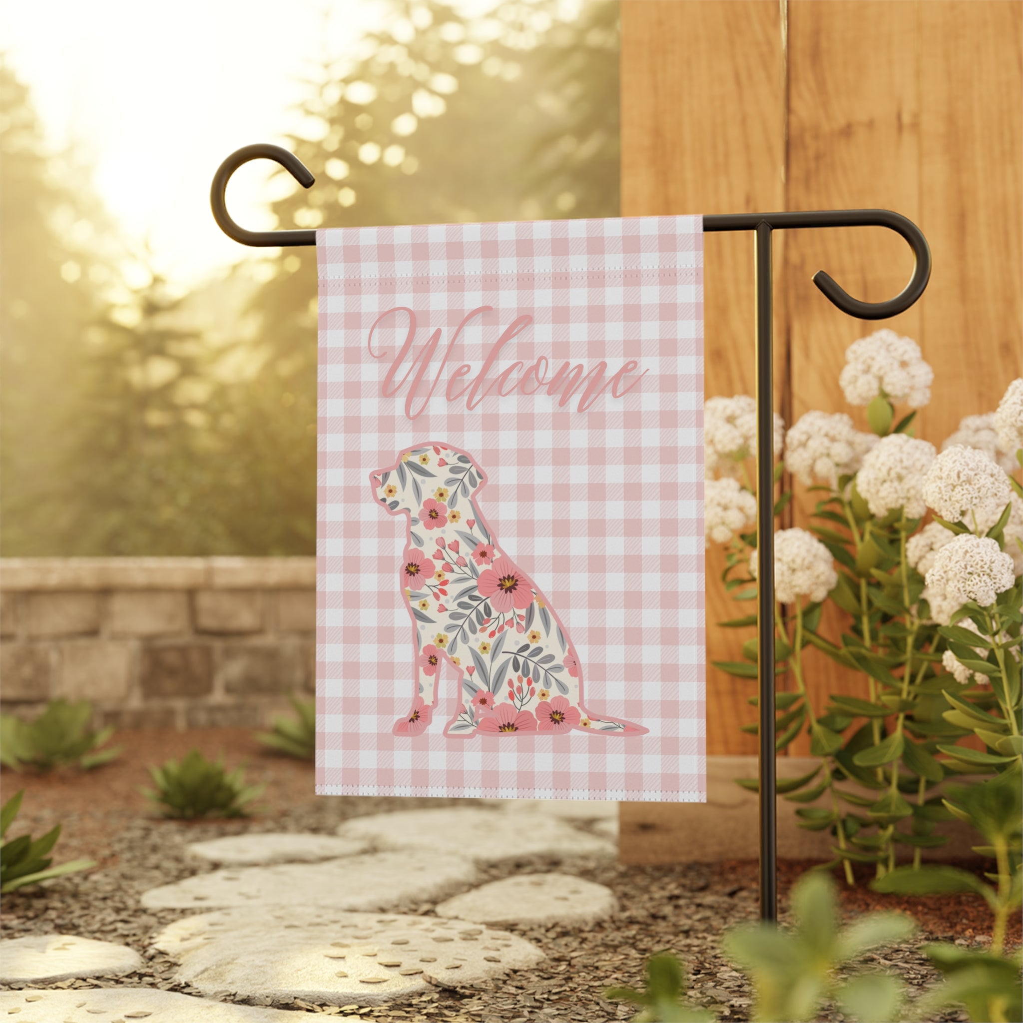 Pink Gingham Labrador Retriever Welcome Garden Banner, Floral Pet Décor, Outdoor Sign, Housewarming Gift