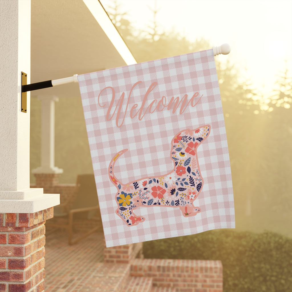 Pink Gingham Dachshund Welcome Garden Banner, Floral Pet Décor, Outdoor Sign, Housewarming Gift