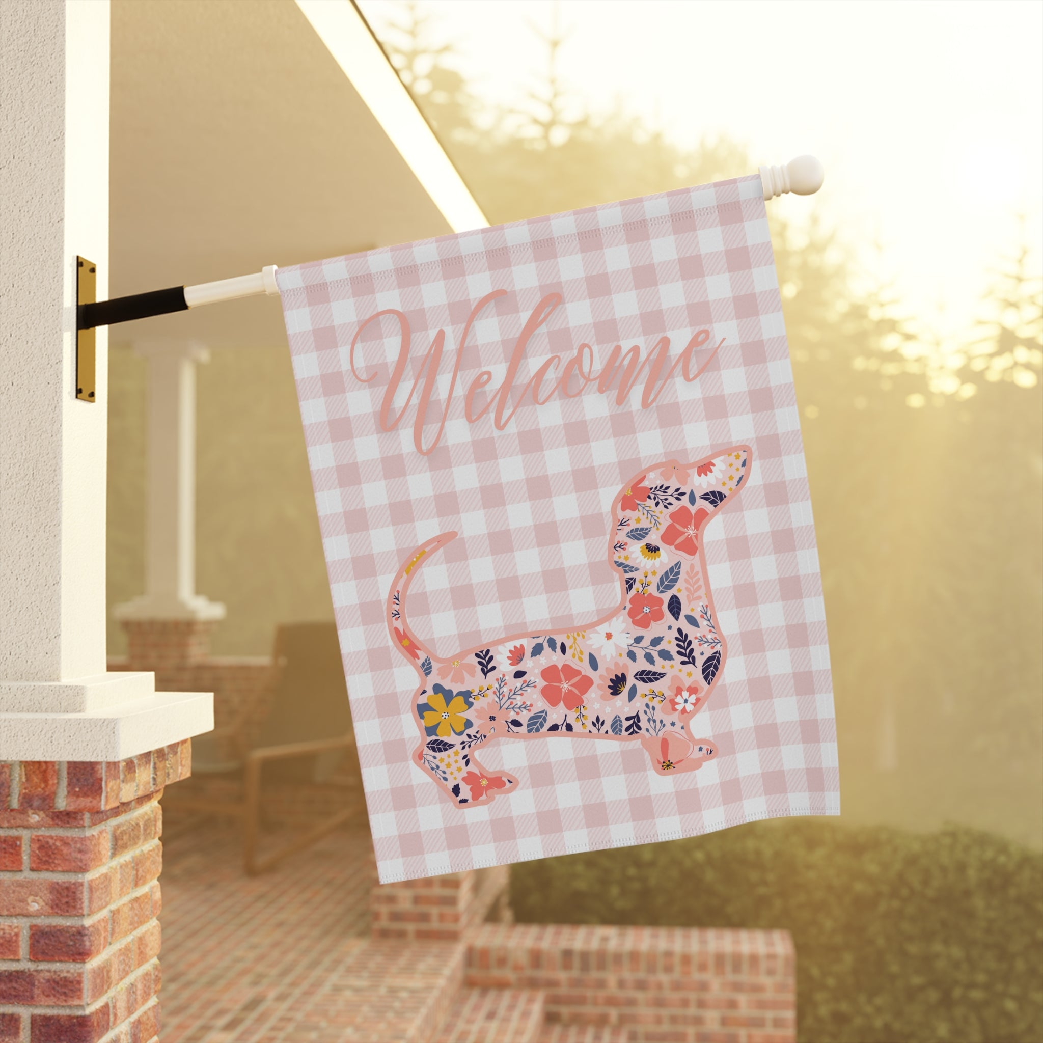 Pink Gingham Dachshund Welcome Garden Banner, Floral Pet Décor, Outdoor Sign, Housewarming Gift
