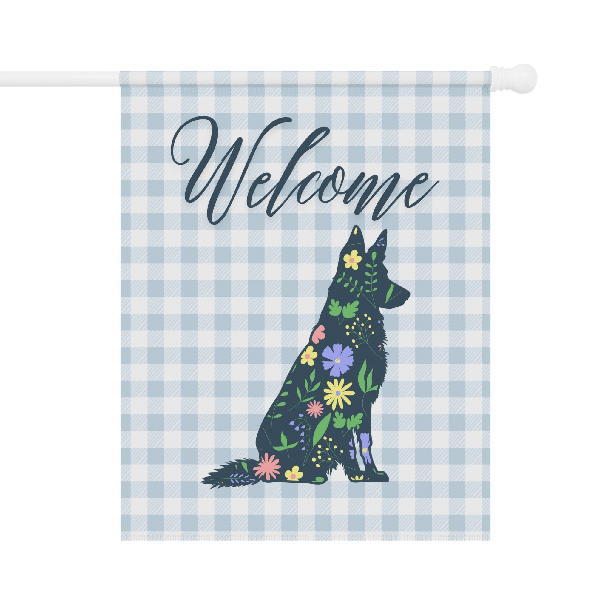 Blue Gingham German Shepherd Welcome Garden Banner, Floral Pet Décor, Outdoor Sign, Housewarming Gift