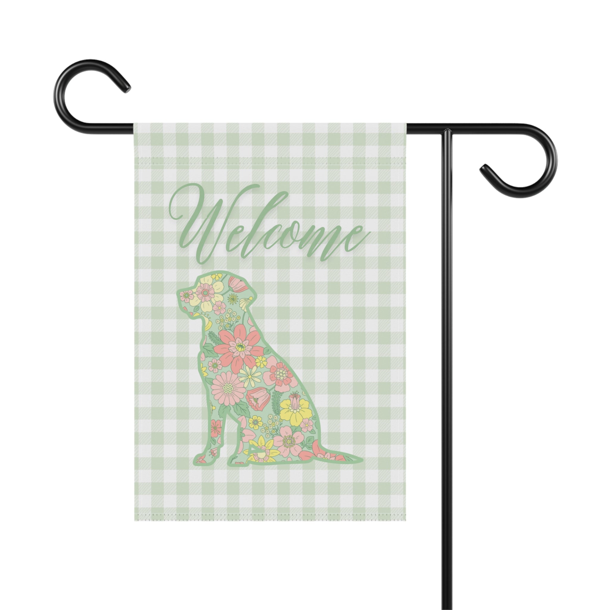 Green Gingham Labrador Retriever Welcome Garden Banner, Floral Pet Décor, Outdoor Sign, Housewarming Gift