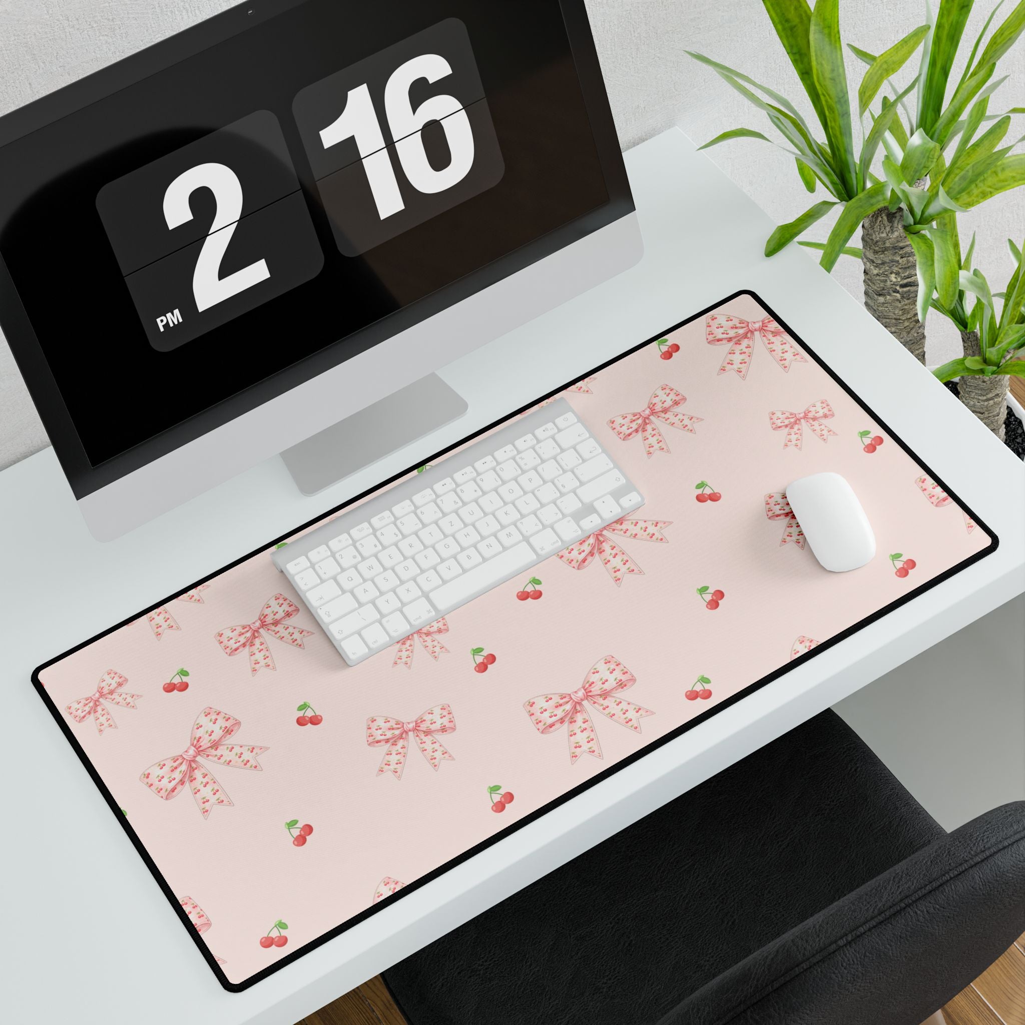 Cherries and Bows On Pink Desk Mats and Mouse pads, Office Decor, Birthday Gifts, Home Workspace