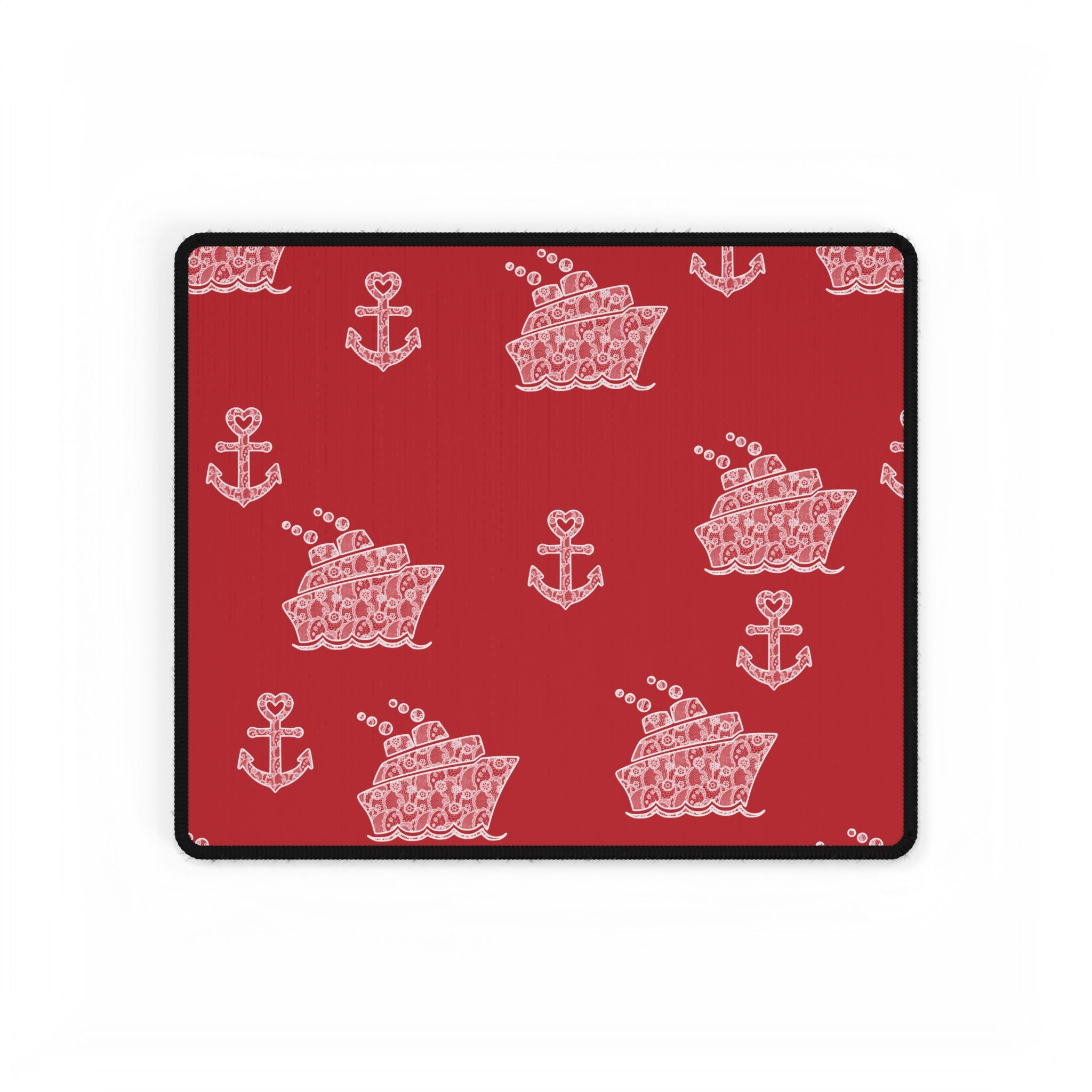 Red Cruise Ship Desk Mats and Mouse pads with White Lace Anchors and Ships, Office Decor, Cruise Gifts, Home Workspace