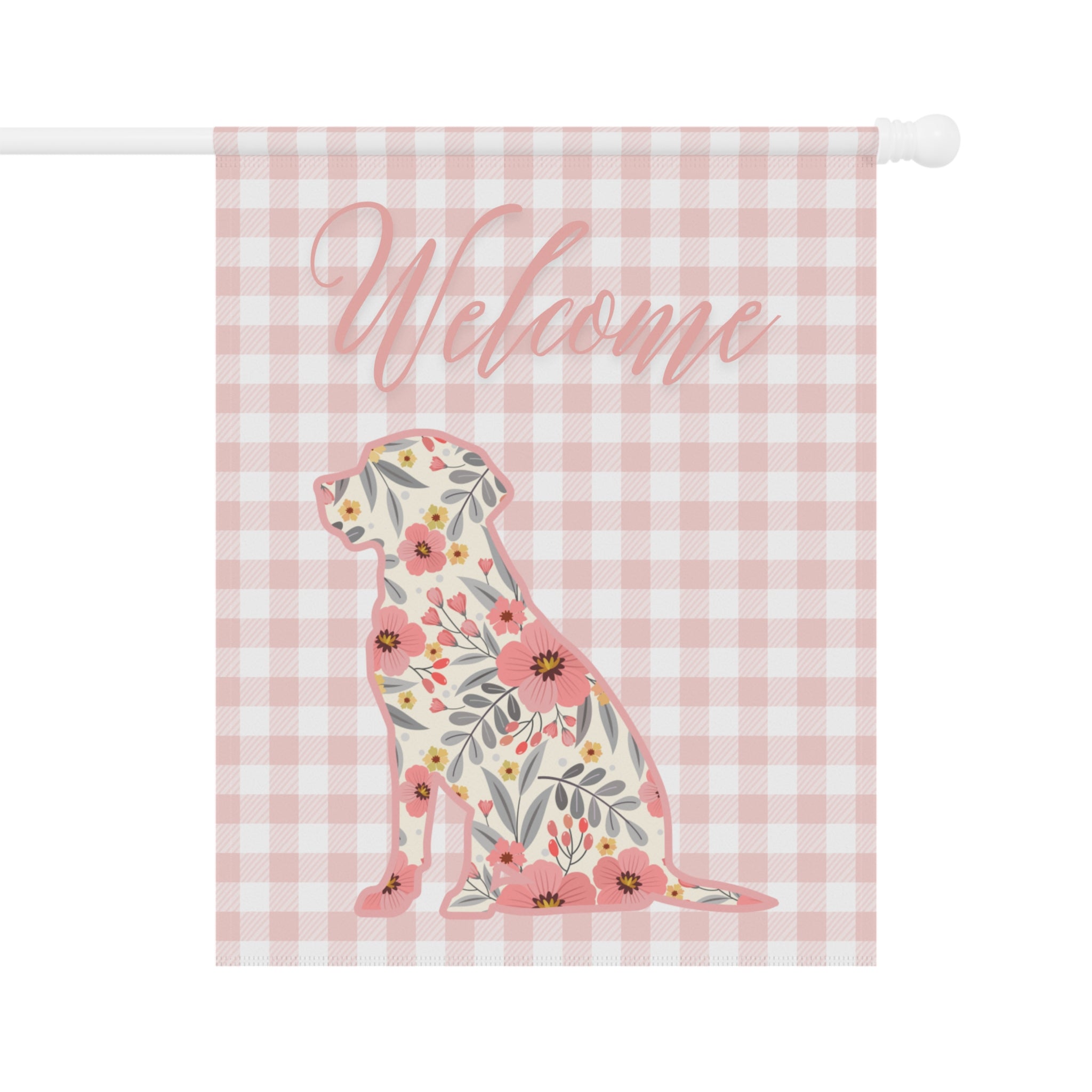 Pink Gingham Labrador Retriever Welcome Garden Banner, Floral Pet Décor, Outdoor Sign, Housewarming Gift