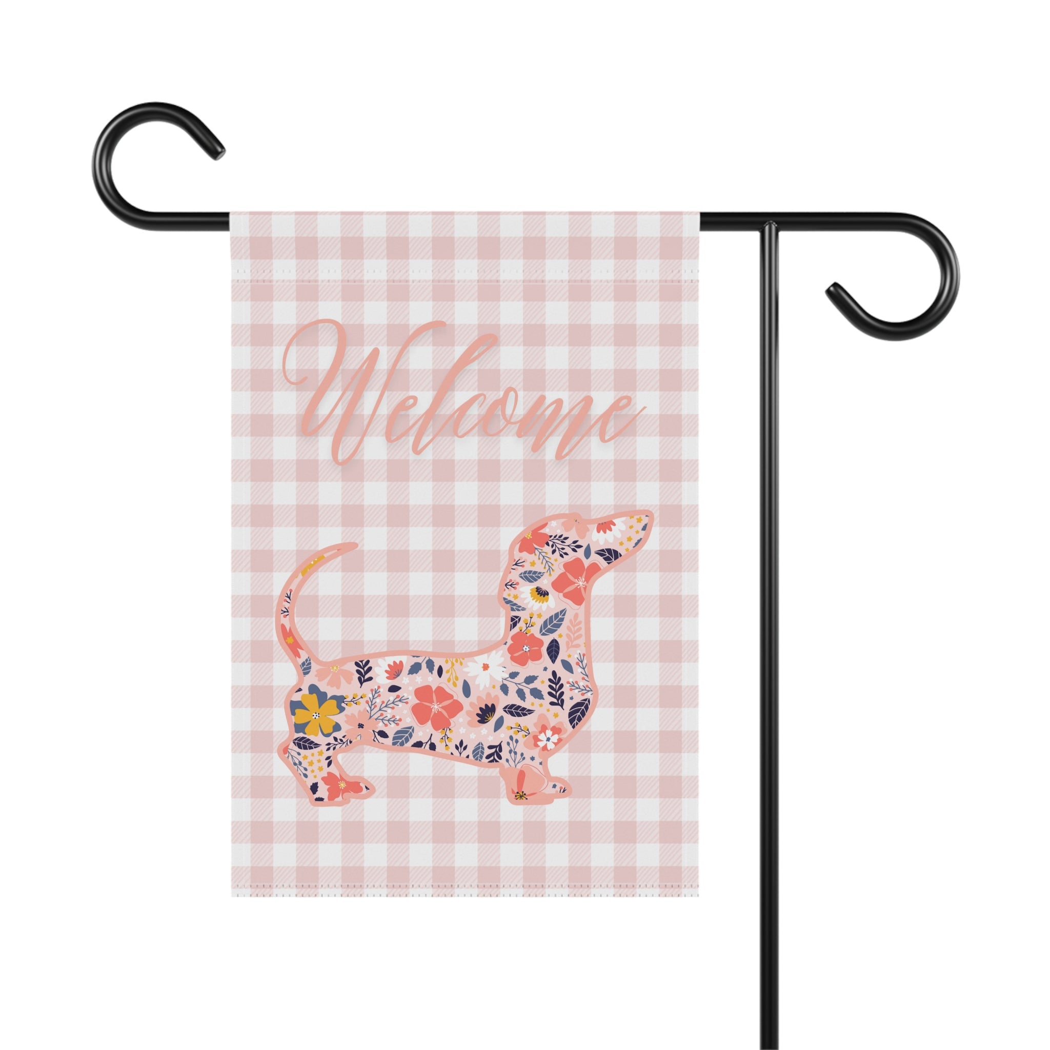 Pink Gingham Dachshund Welcome Garden Banner, Floral Pet Décor, Outdoor Sign, Housewarming Gift