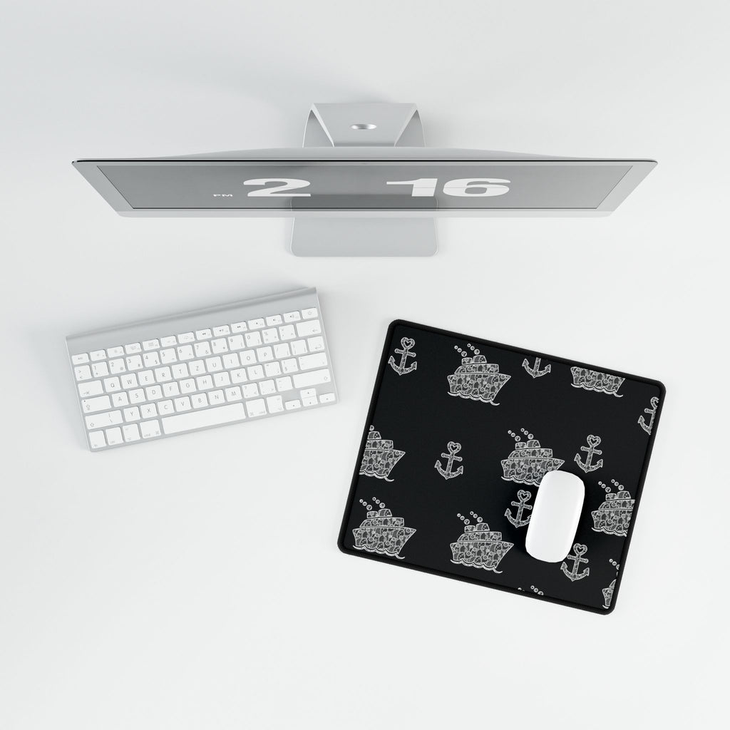 Black Cruise Ship Desk Mats and Mouse pads with White Lace Anchors and Ships, Office Decor, Cruise Gifts, Home Workspace