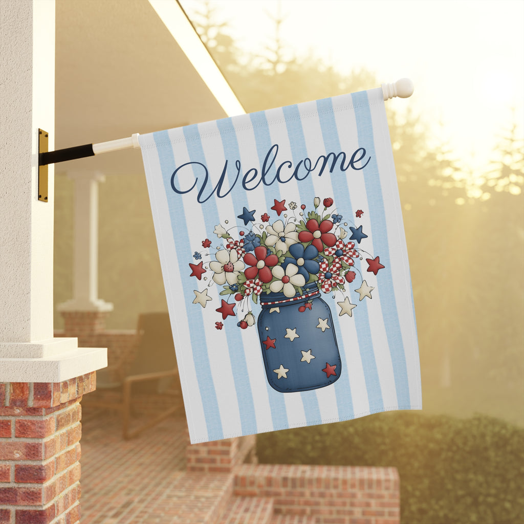 Patriotic Floral Welcome Garden Banner, Floral Décor, Outdoor Flag, Housewarming Gift