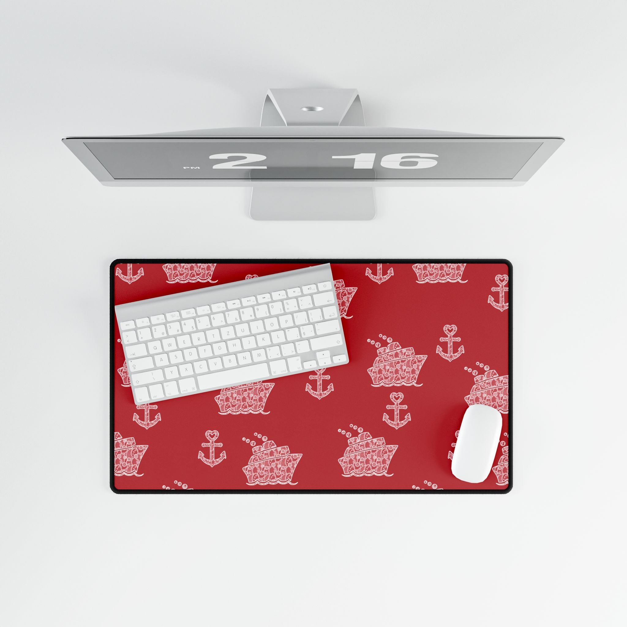 Red Cruise Ship Desk Mats and Mouse pads with White Lace Anchors and Ships, Office Decor, Cruise Gifts, Home Workspace