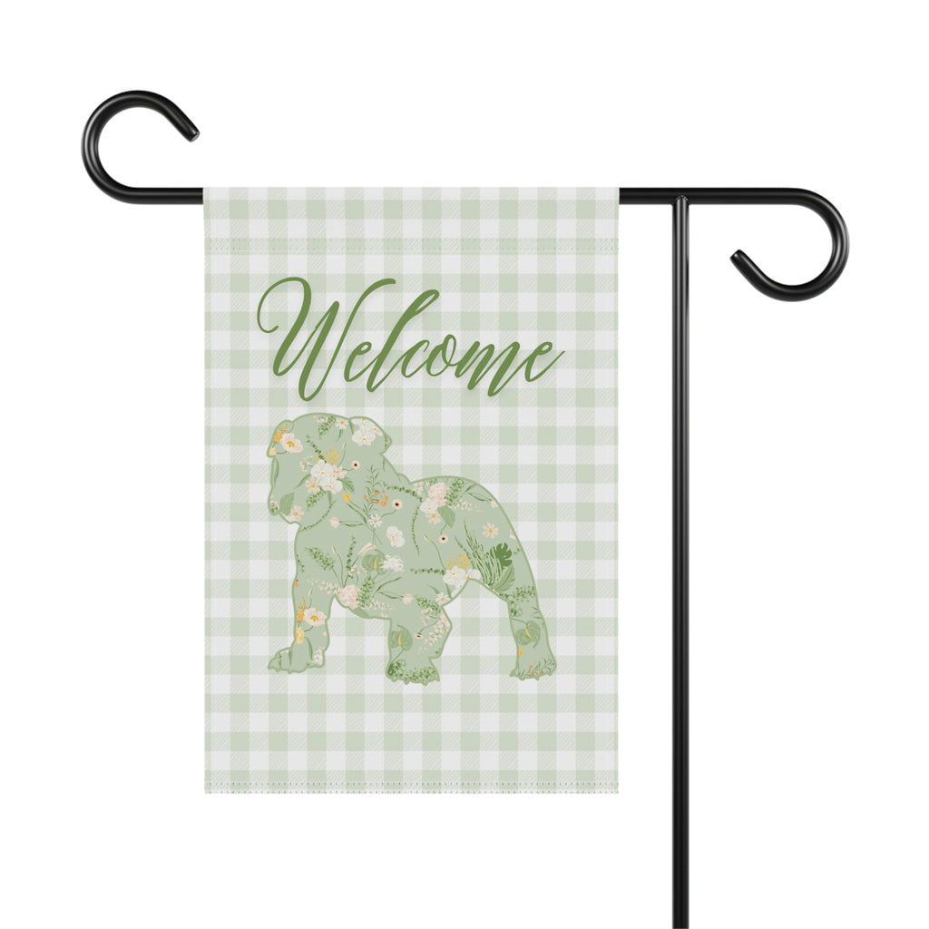 Green Gingham Bulldog Welcome Garden Banner, Floral Pet Décor, Outdoor Sign, Housewarming Gift