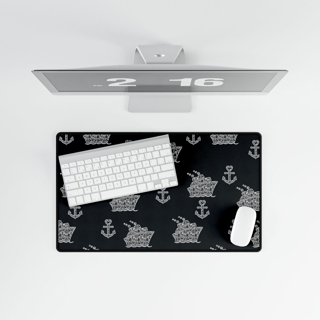 Black Cruise Ship Desk Mats and Mouse pads with White Lace Anchors and Ships, Office Decor, Cruise Gifts, Home Workspace
