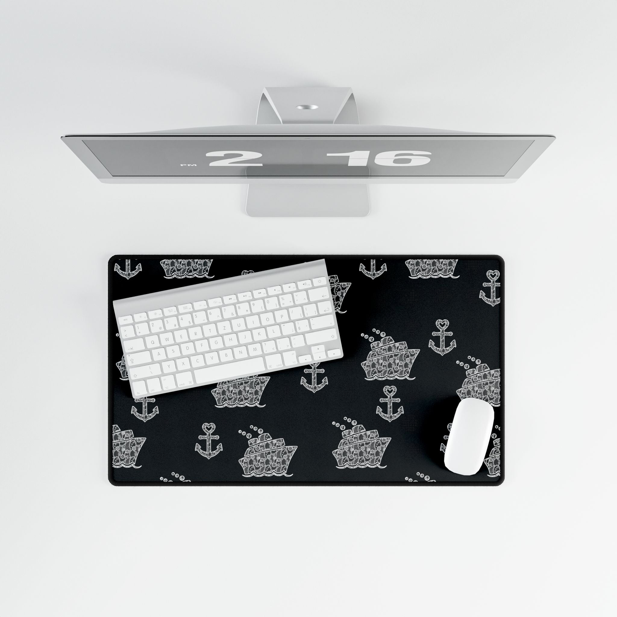 Black Cruise Ship Desk Mats and Mouse pads with White Lace Anchors and Ships, Office Decor, Cruise Gifts, Home Workspace