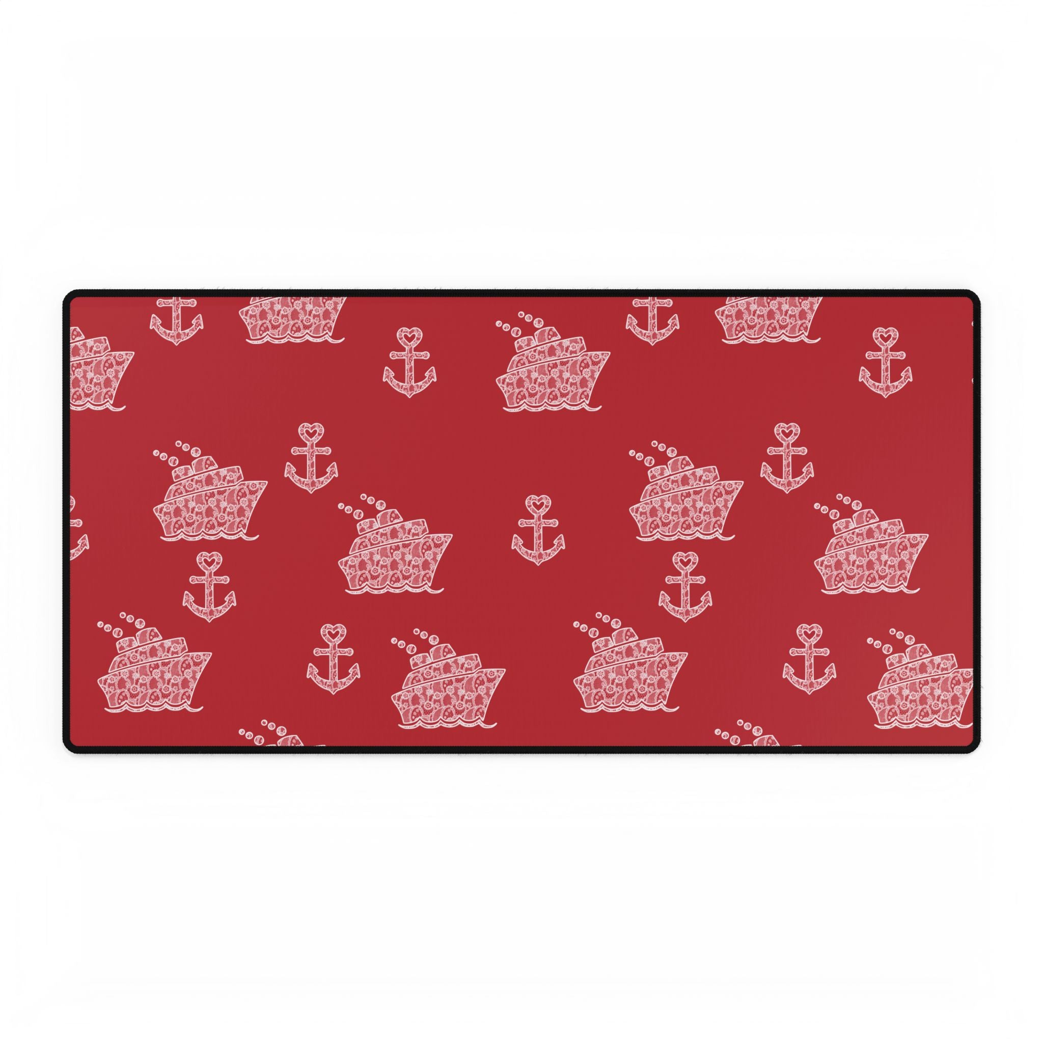 Red Cruise Ship Desk Mats and Mouse pads with White Lace Anchors and Ships, Office Decor, Cruise Gifts, Home Workspace