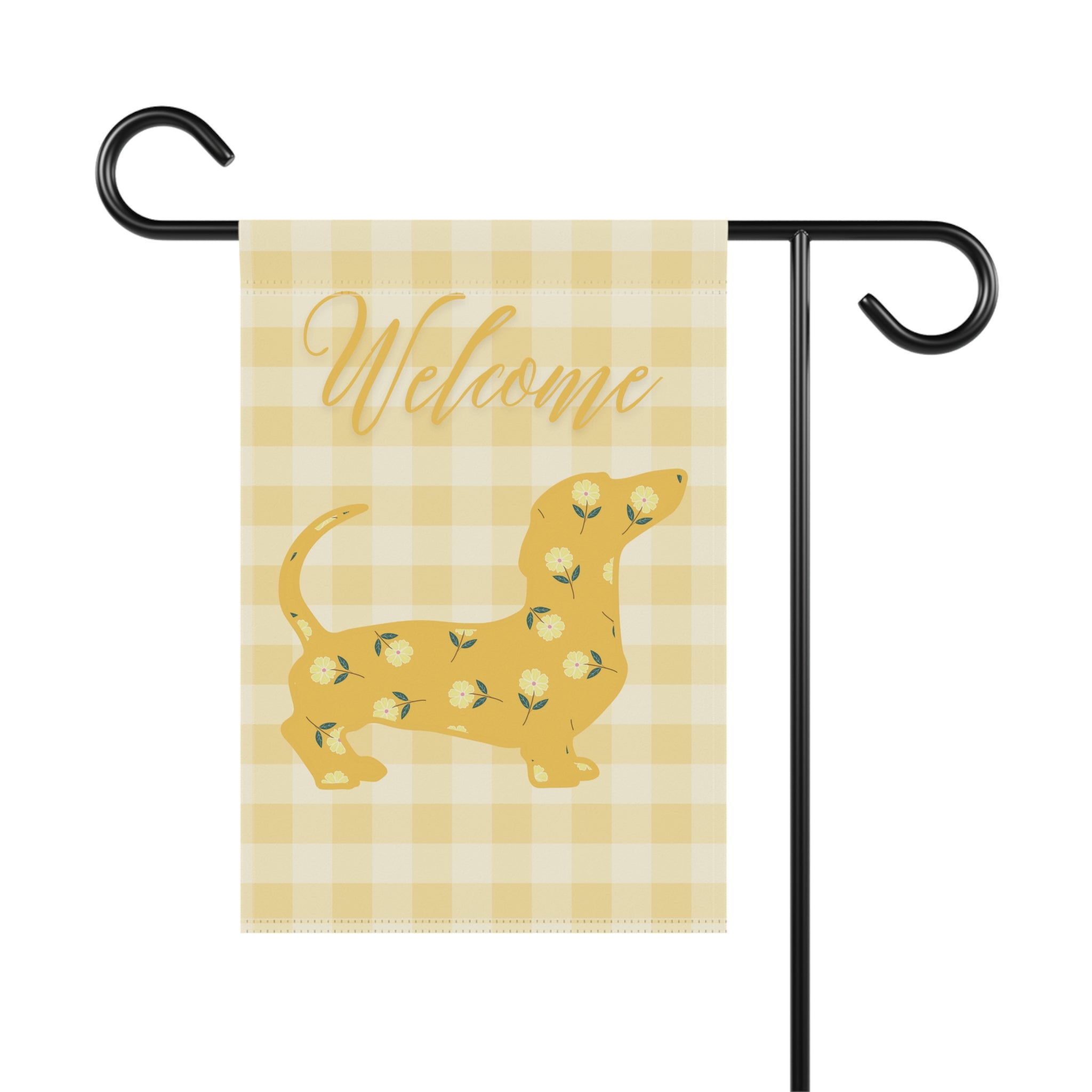 Yellow Gingham Dachshund Welcome Garden Banner, Floral Pet Décor, Outdoor Sign, Housewarming Gift