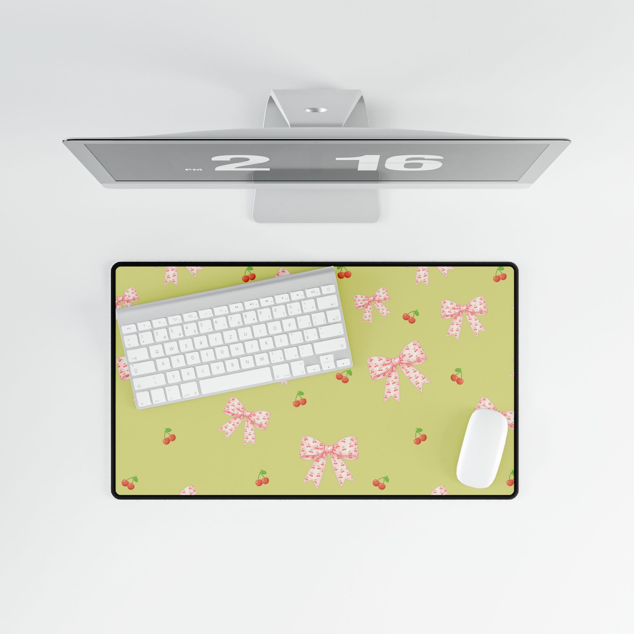 Cherries and Bows on Green Desk Mats and Mouse pads, Office Decor, Birthday Gifts, Home Workspace
