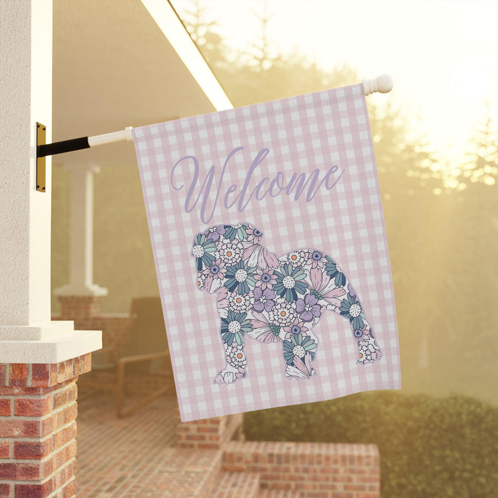 Purple Gingham Bulldog Welcome Garden Banner, Floral Pet Décor, Outdoor Sign, Housewarming Gift