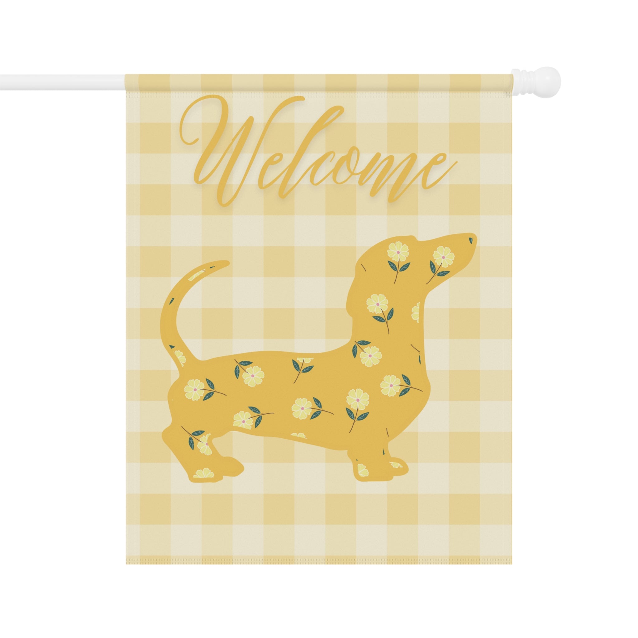 Yellow Gingham Dachshund Welcome Garden Banner, Floral Pet Décor, Outdoor Sign, Housewarming Gift