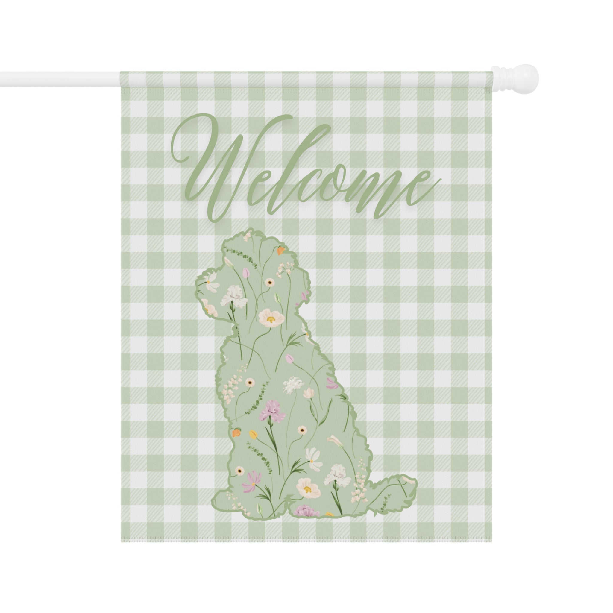 Green Gingham Labradoodle Welcome Garden Banner, Floral Pet Décor, Outdoor Sign, Housewarming Gift