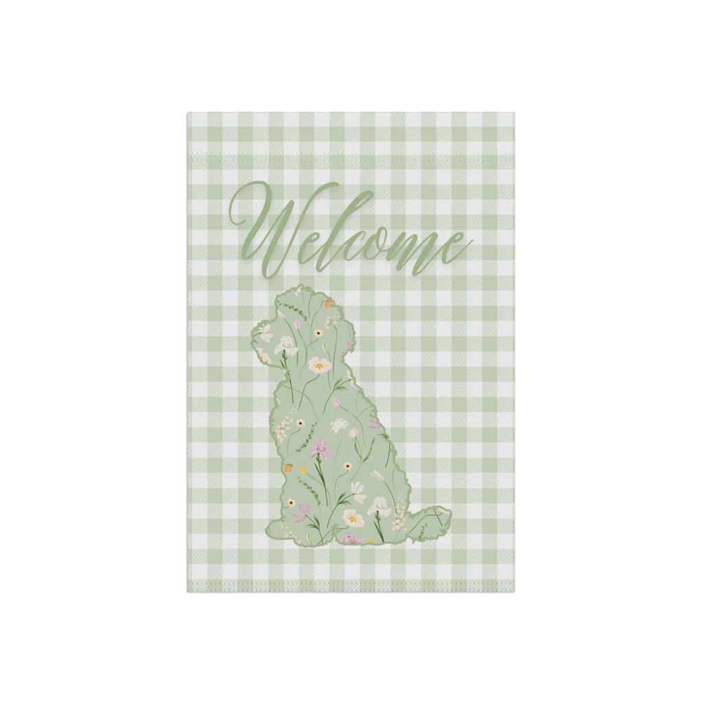 Green Gingham Labradoodle Welcome Garden Banner, Floral Pet Décor, Outdoor Sign, Housewarming Gift