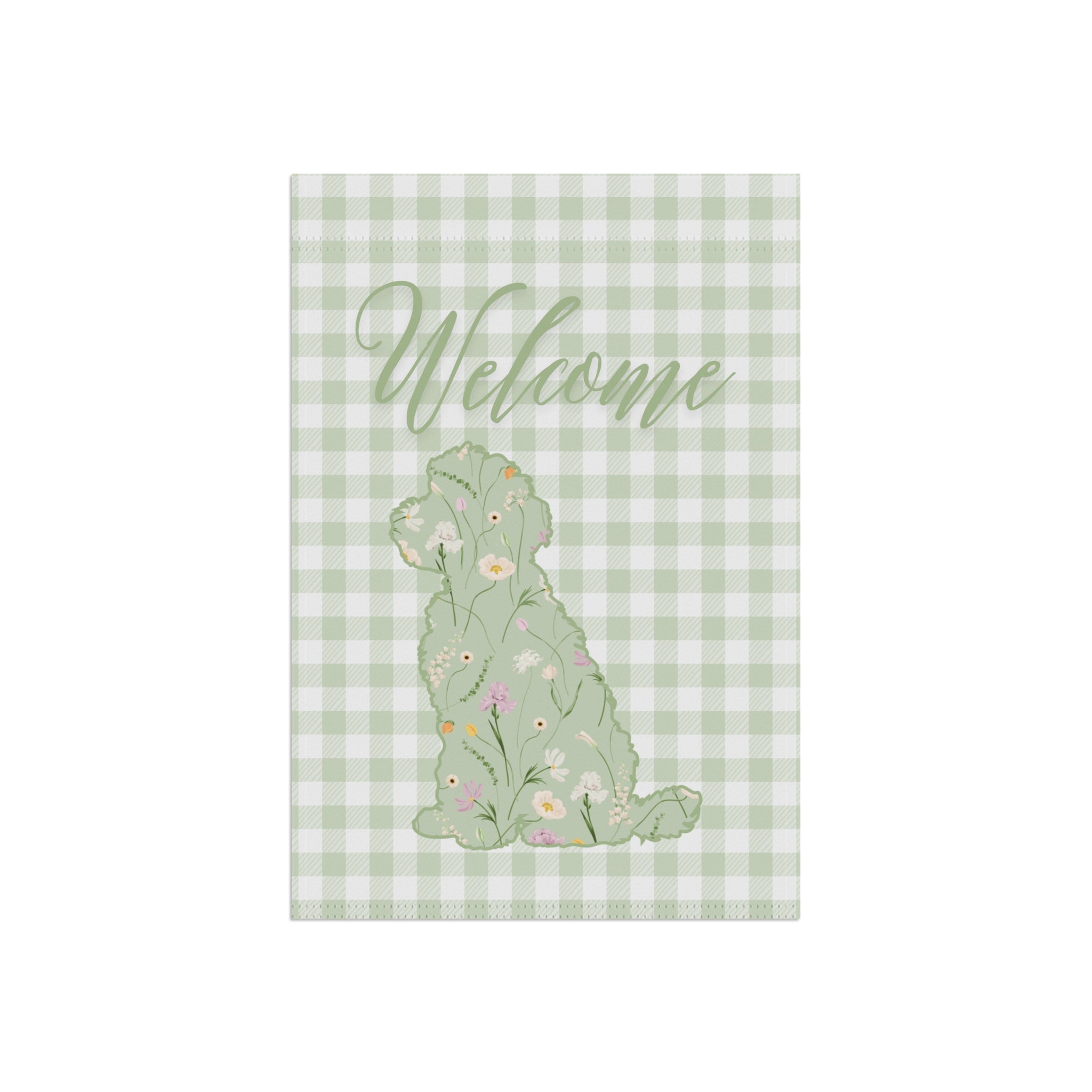 Green Gingham Labradoodle Welcome Garden Banner, Floral Pet Décor, Outdoor Sign, Housewarming Gift