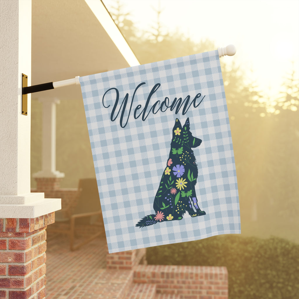 Blue Gingham German Shepherd Welcome Garden Banner, Floral Pet Décor, Outdoor Sign, Housewarming Gift