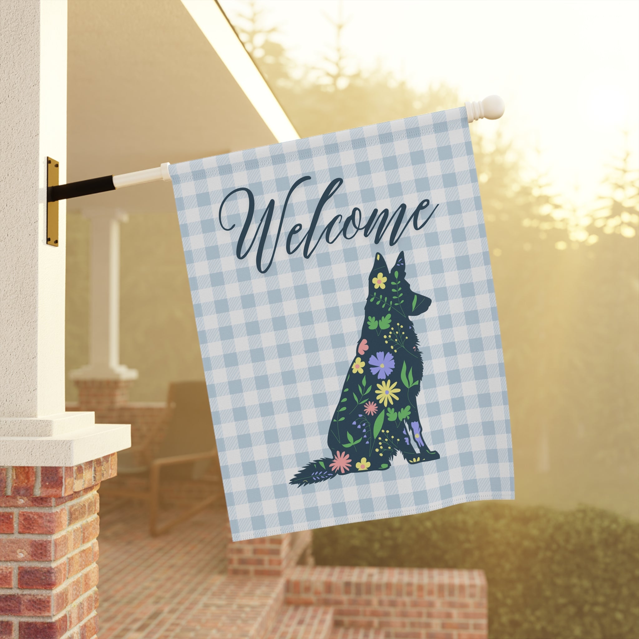 Blue Gingham German Shepherd Welcome Garden Banner, Floral Pet Décor, Outdoor Sign, Housewarming Gift