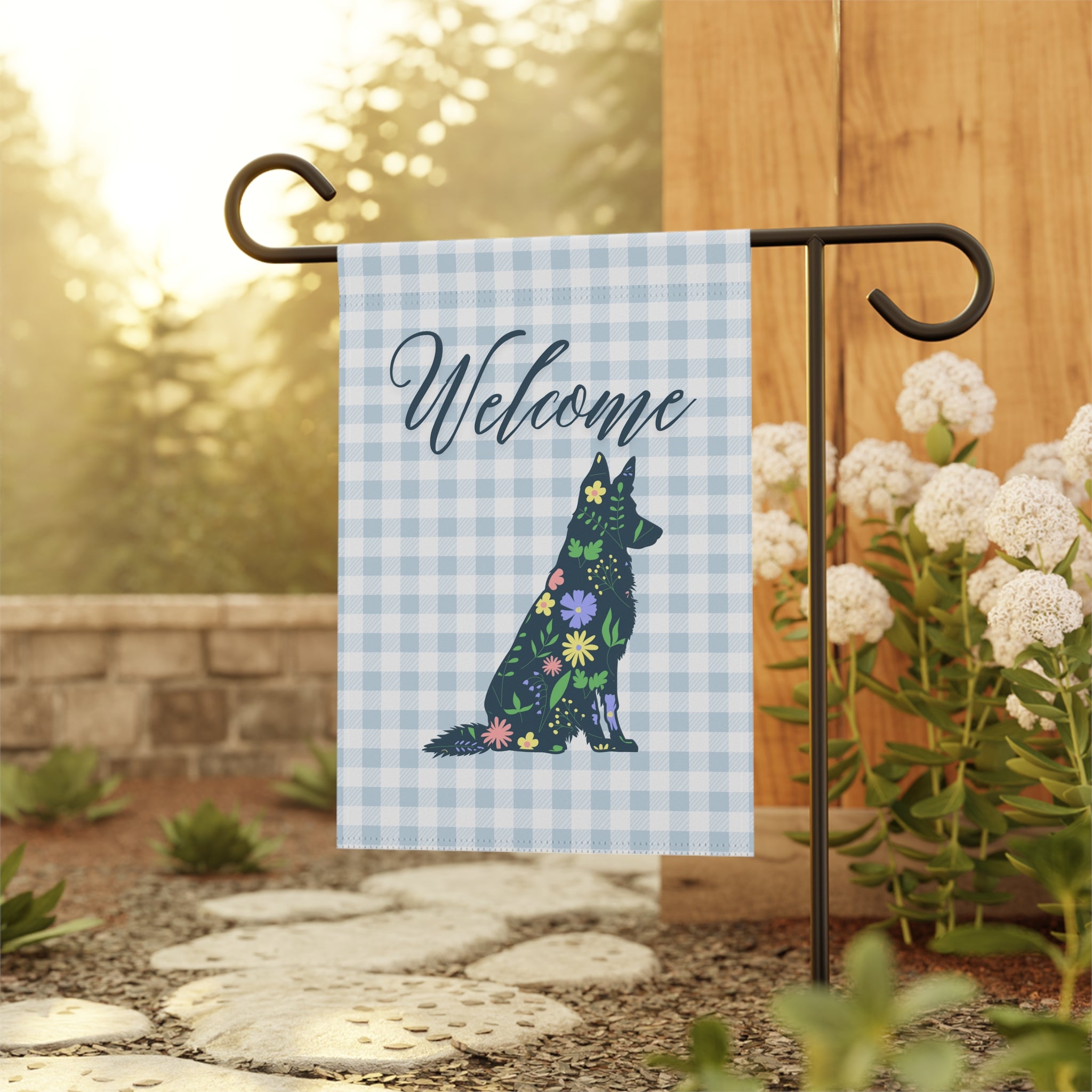 Blue Gingham German Shepherd Welcome Garden Banner, Floral Pet Décor, Outdoor Sign, Housewarming Gift