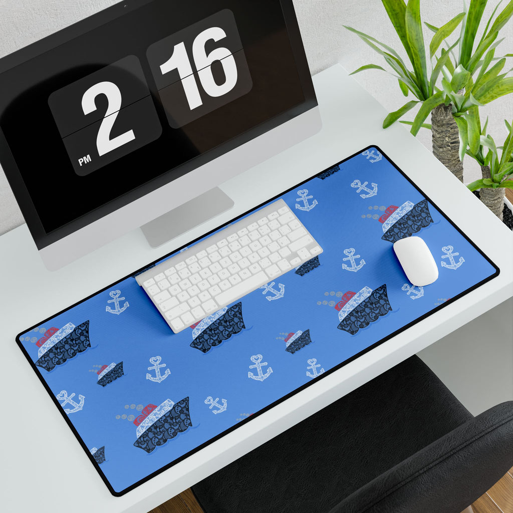 Blue Cruise Ship Desk Mats and Mouse pads with Lace Anchors and Ships, Office Decor, Cruise Gifts, Home Workspace