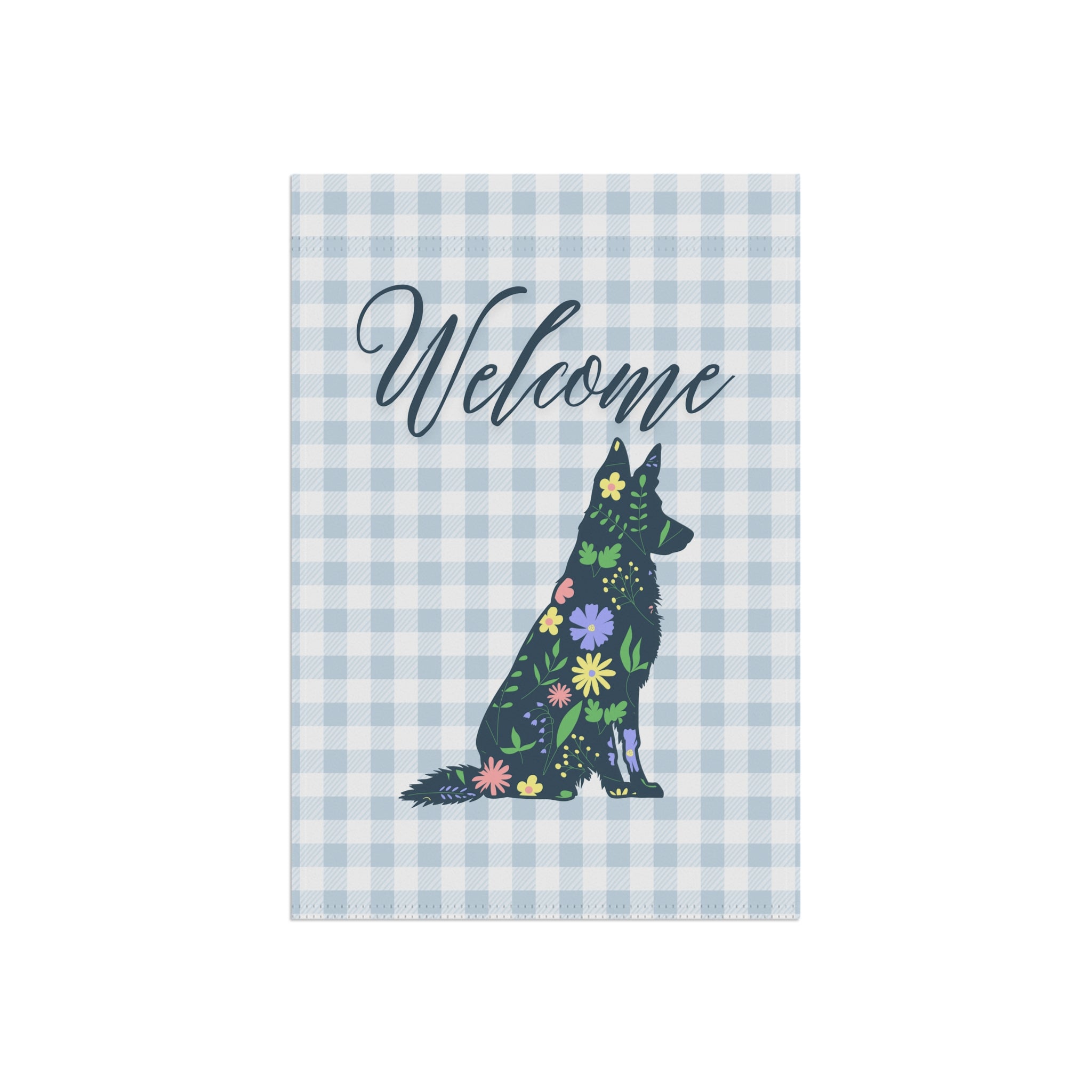 Blue Gingham German Shepherd Welcome Garden Banner, Floral Pet Décor, Outdoor Sign, Housewarming Gift