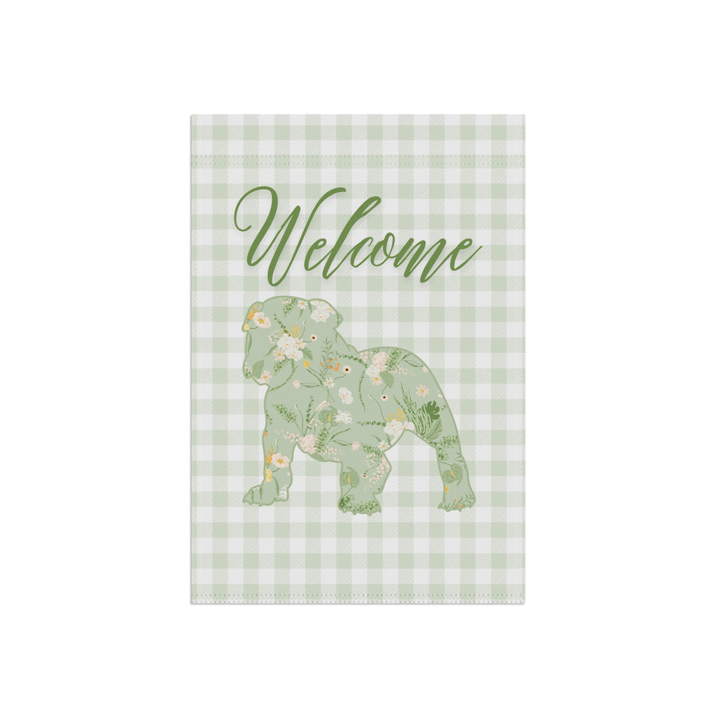 Green Gingham Bulldog Welcome Garden Banner, Floral Pet Décor, Outdoor Sign, Housewarming Gift