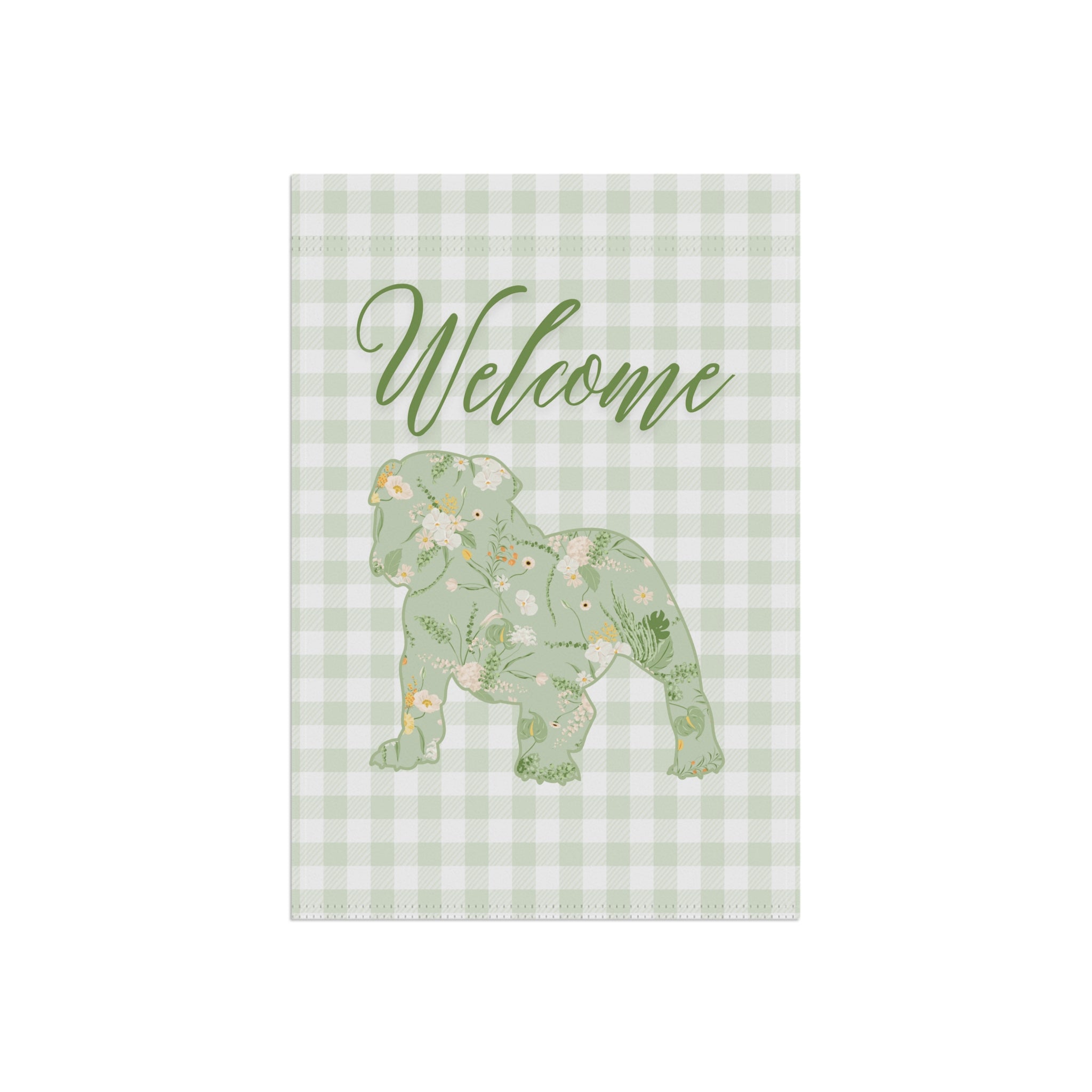 Green Gingham Bulldog Welcome Garden Banner, Floral Pet Décor, Outdoor Sign, Housewarming Gift