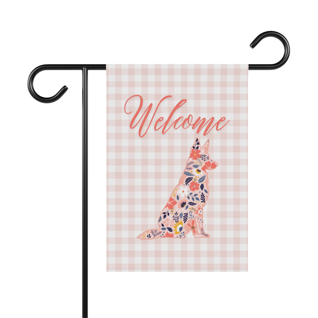 Pink Gingham German Shepherd Welcome Garden Banner, Floral Pet Décor, Outdoor Sign, Housewarming Gift