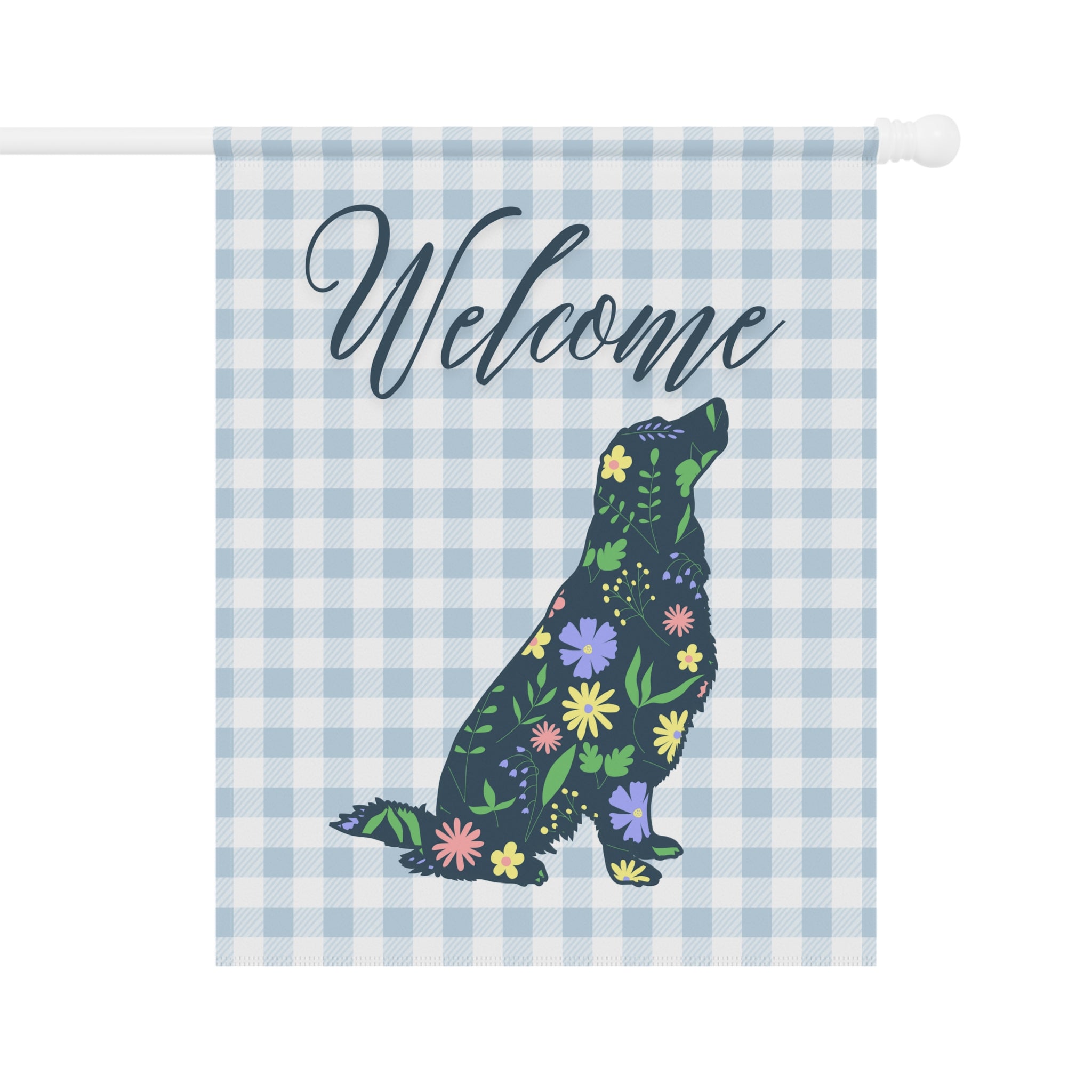 Blue Gingham Golden Retriever Welcome Garden Banner, Floral Pet Décor, Outdoor Sign, Housewarming Gift