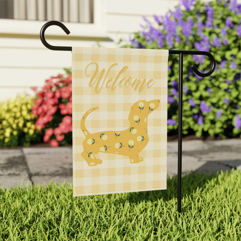 Yellow Gingham Dachshund Welcome Garden Banner, Floral Pet Décor, Outdoor Sign, Housewarming Gift