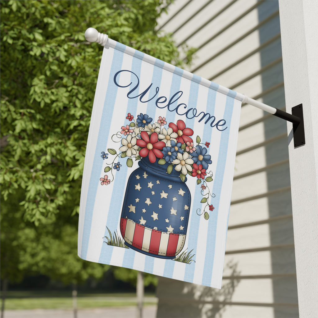 Patriotic Welcome Garden Banner, Floral Décor, Outdoor Flag, Housewarming Gift