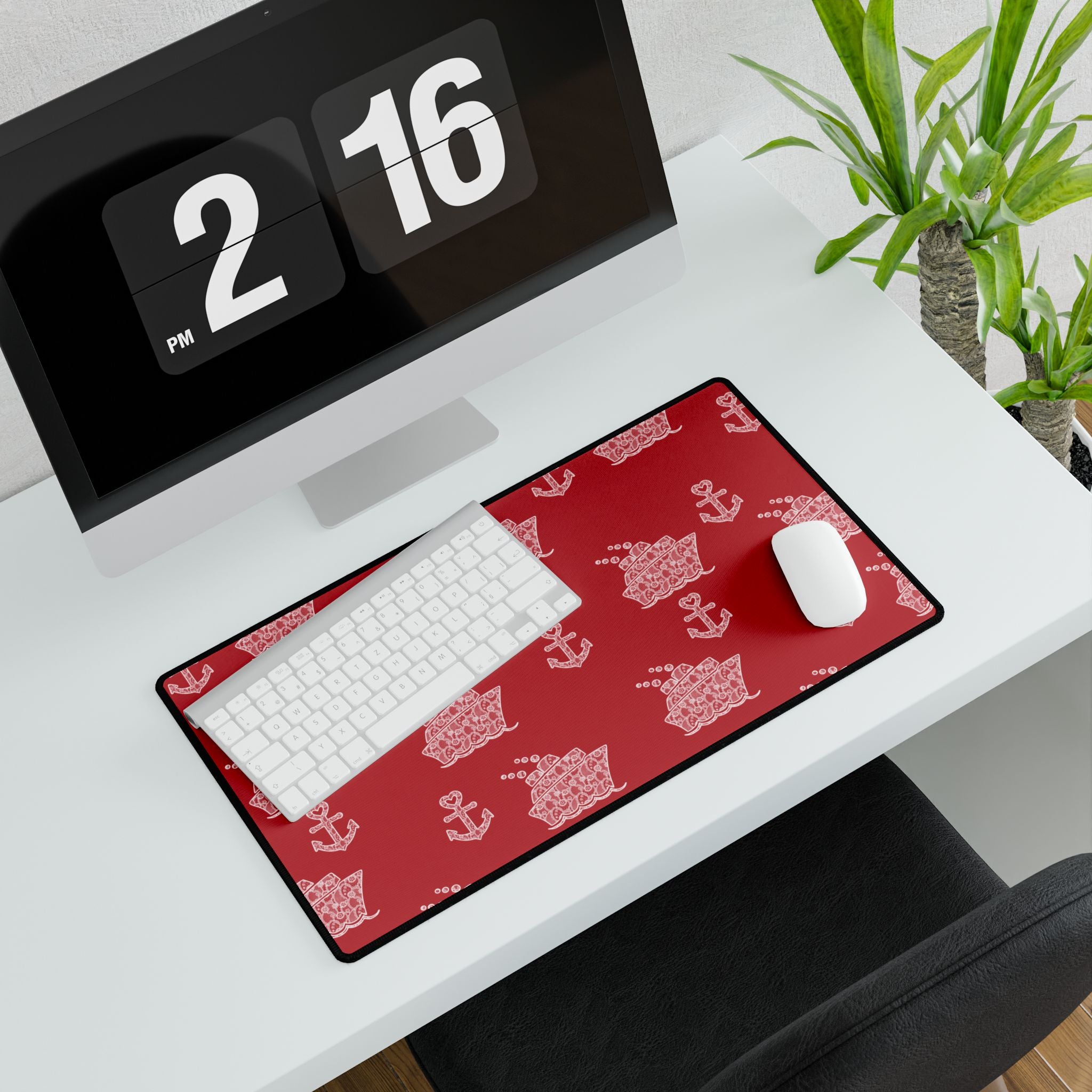 Red Cruise Ship Desk Mats and Mouse pads with White Lace Anchors and Ships, Office Decor, Cruise Gifts, Home Workspace