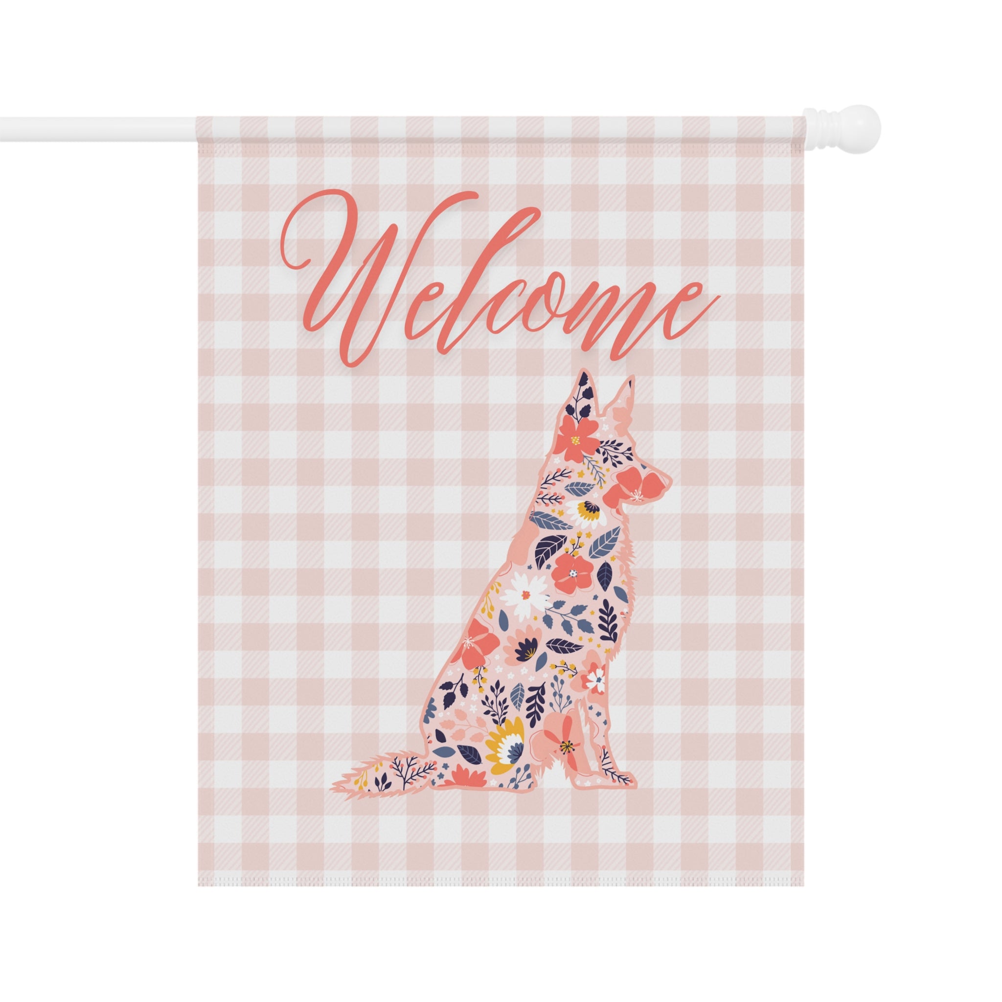 Pink Gingham German Shepherd Welcome Garden Banner, Floral Pet Décor, Outdoor Sign, Housewarming Gift