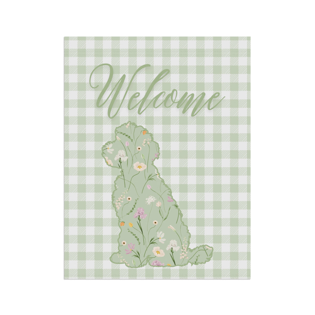 Green Gingham Labradoodle Welcome Garden Banner, Floral Pet Décor, Outdoor Sign, Housewarming Gift