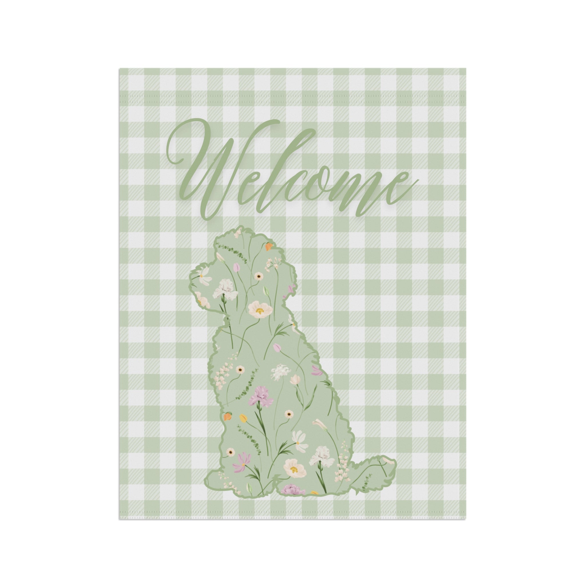 Green Gingham Labradoodle Welcome Garden Banner, Floral Pet Décor, Outdoor Sign, Housewarming Gift