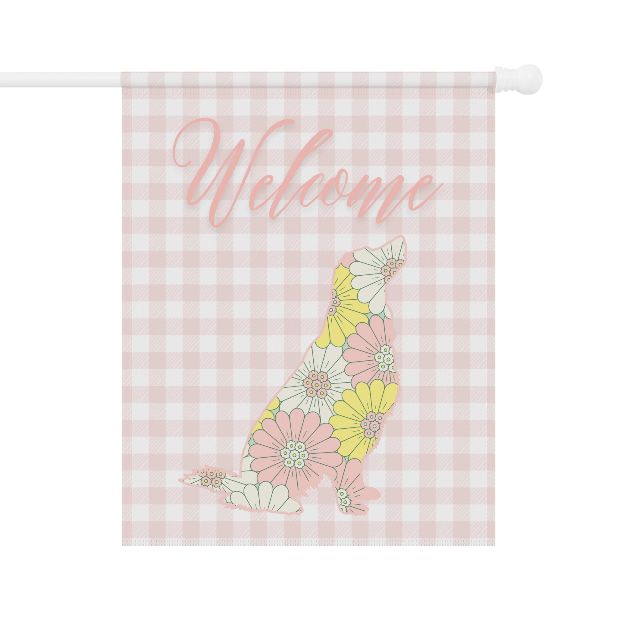 Pink Gingham Golden Retriever Welcome Garden Banner, Floral Pet Décor, Outdoor Sign, Housewarming Gift
