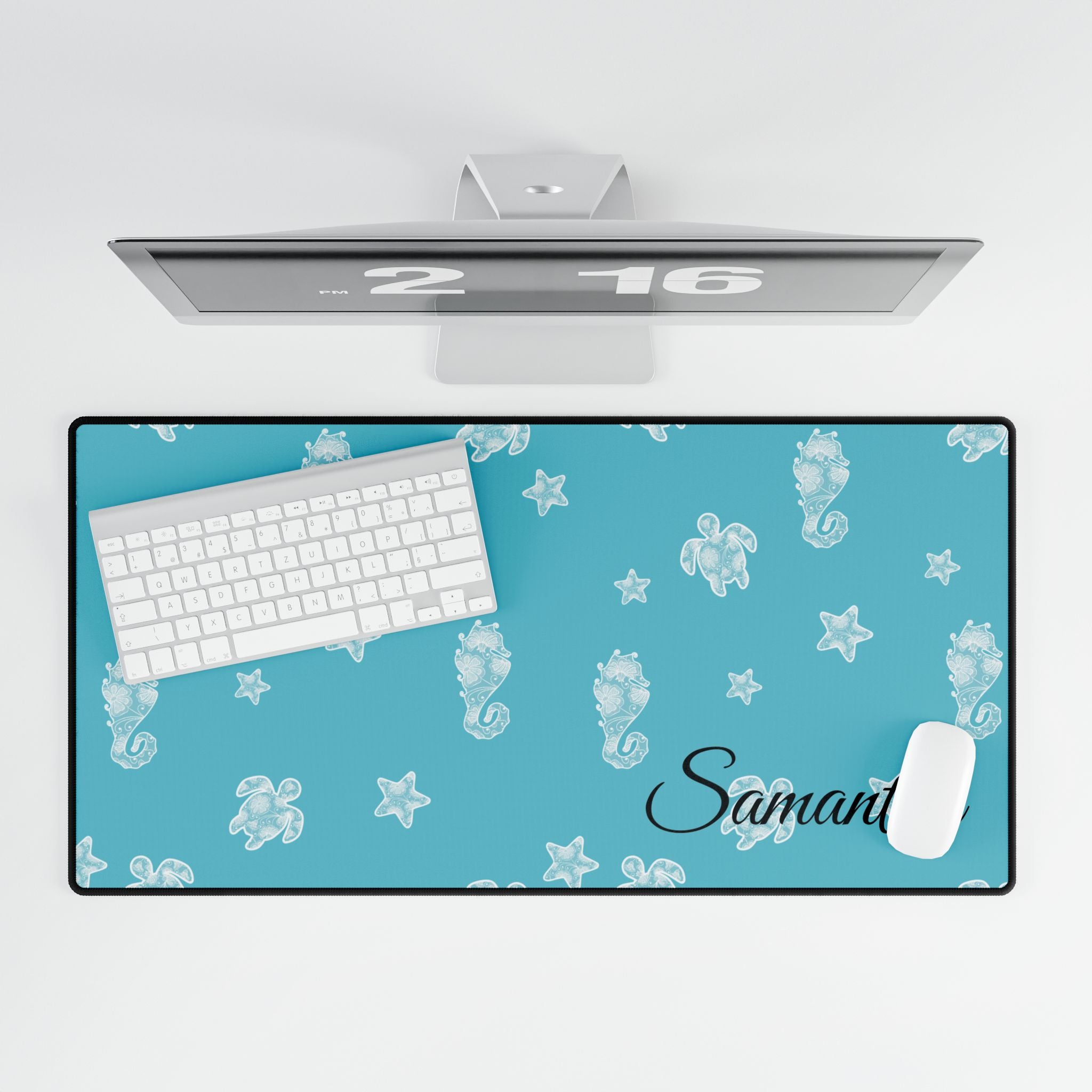 Blue Ocean Desk Mats and Mouse pads with Lace Seahorses and Turtles, Office Decor, Christmas Gifts, Home Workspace