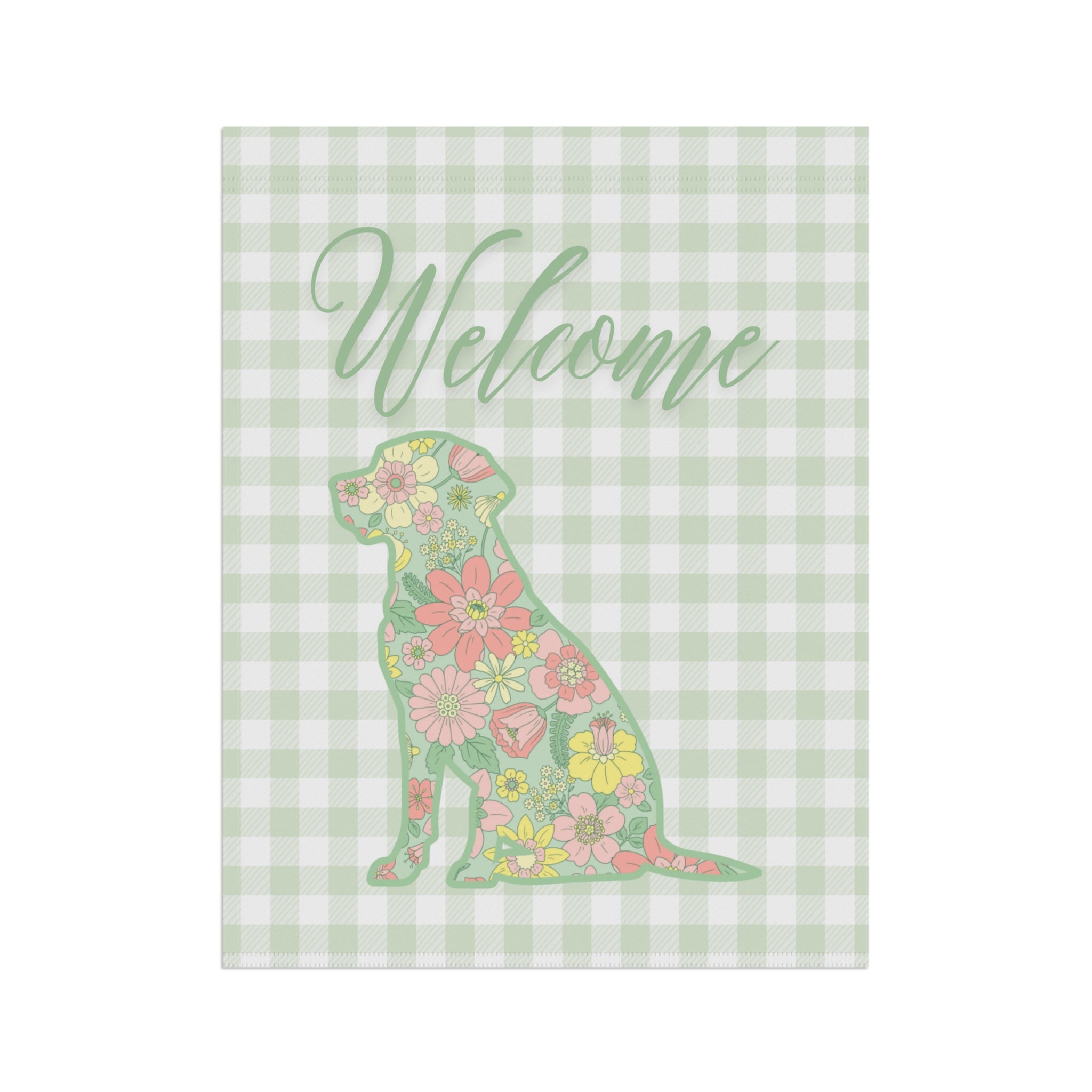 Green Gingham Labrador Retriever Welcome Garden Banner, Floral Pet Décor, Outdoor Sign, Housewarming Gift