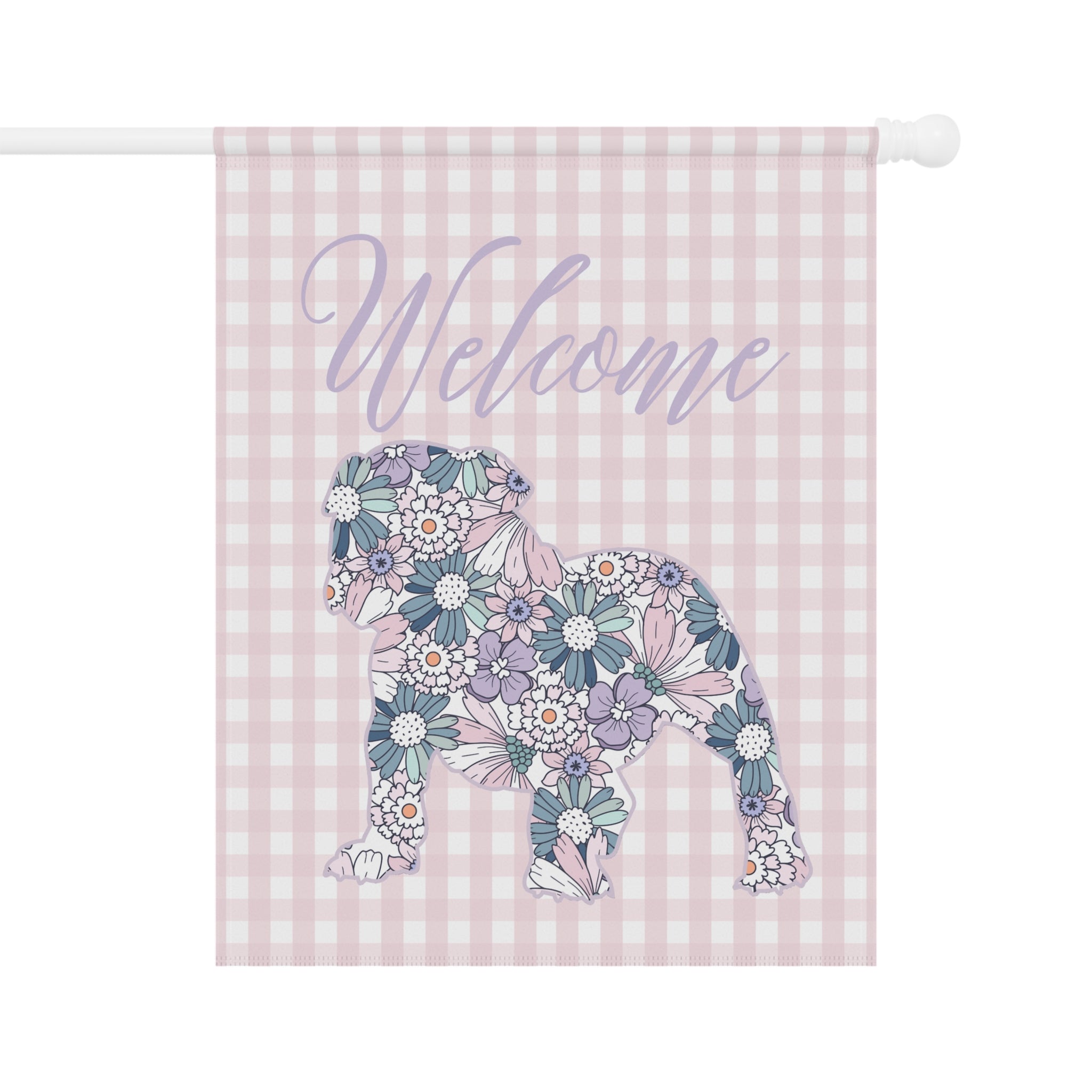 Purple Gingham Bulldog Welcome Garden Banner, Floral Pet Décor, Outdoor Sign, Housewarming Gift