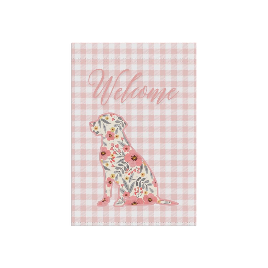 Pink Gingham Labrador Retriever Welcome Garden Banner, Floral Pet Décor, Outdoor Sign, Housewarming Gift