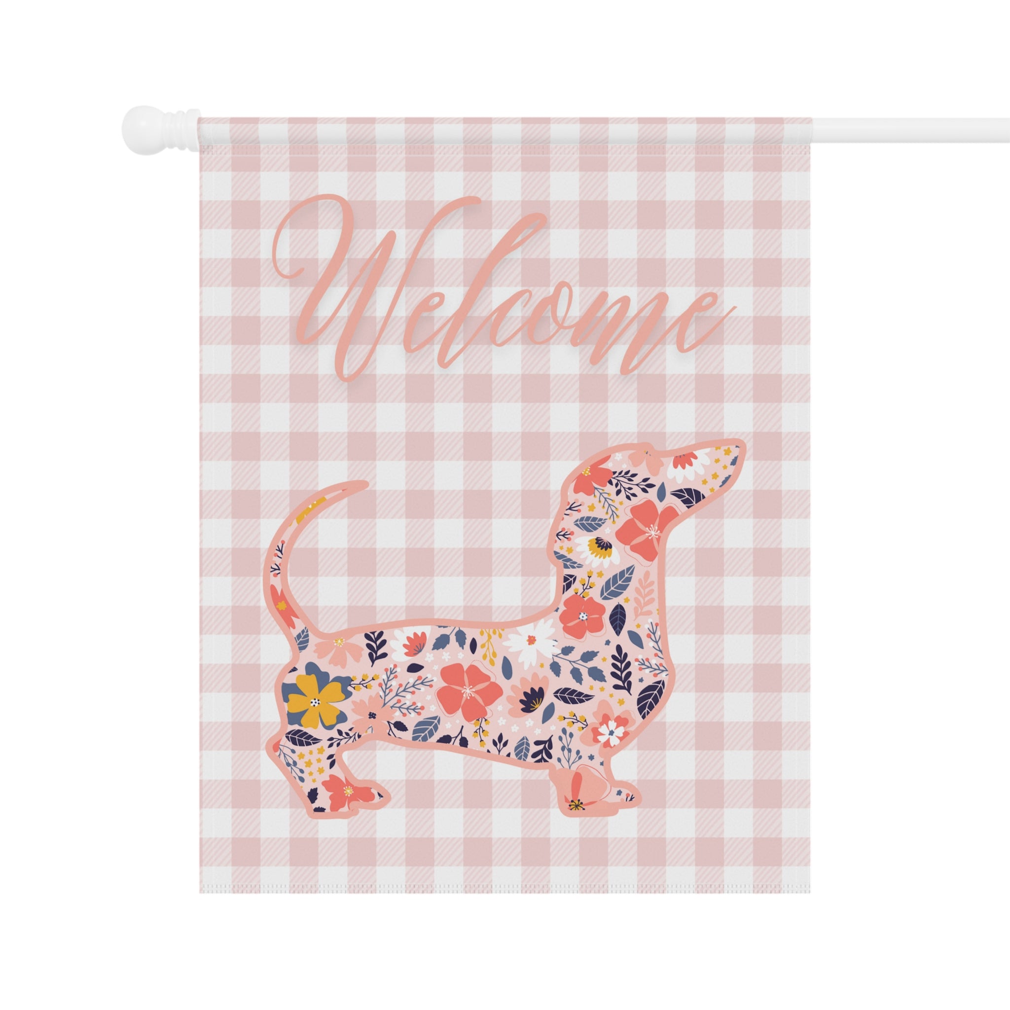 Pink Gingham Dachshund Welcome Garden Banner, Floral Pet Décor, Outdoor Sign, Housewarming Gift