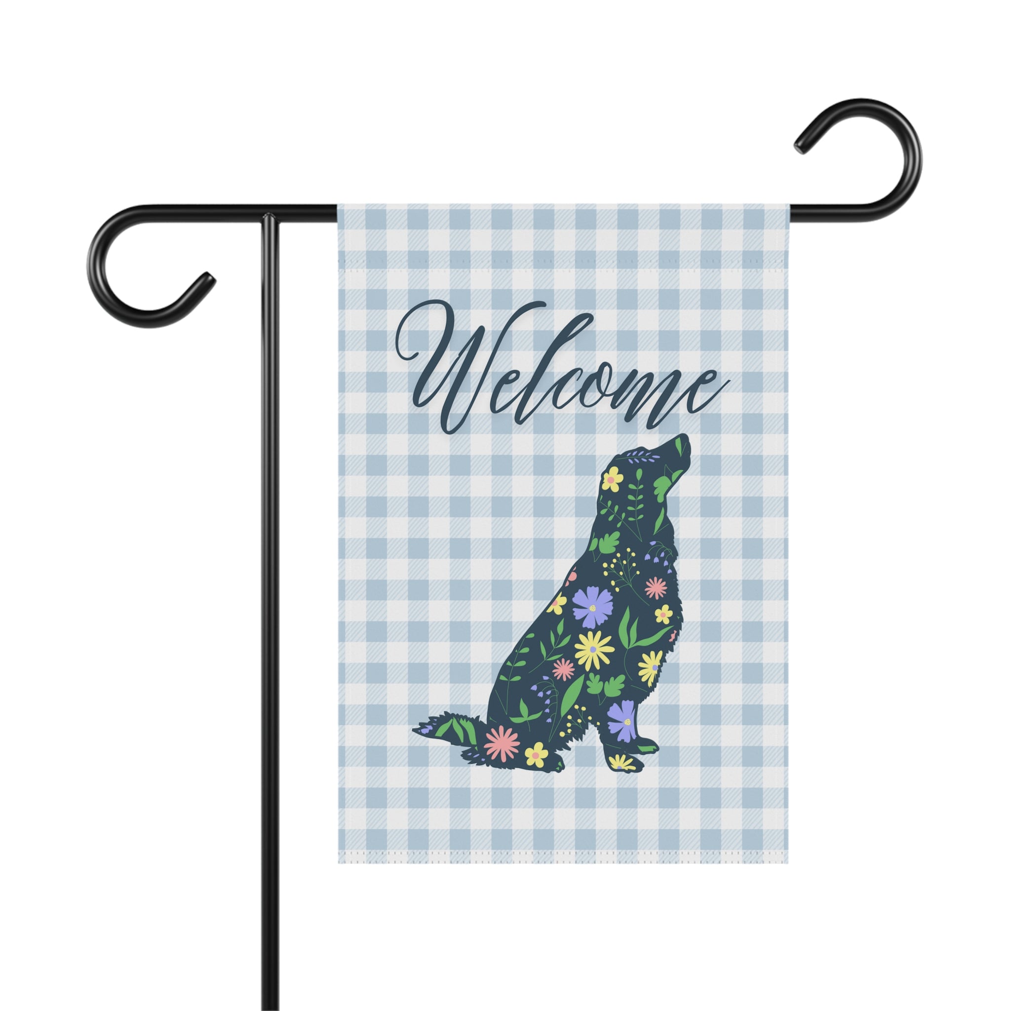 Blue Gingham Golden Retriever Welcome Garden Banner, Floral Pet Décor, Outdoor Sign, Housewarming Gift