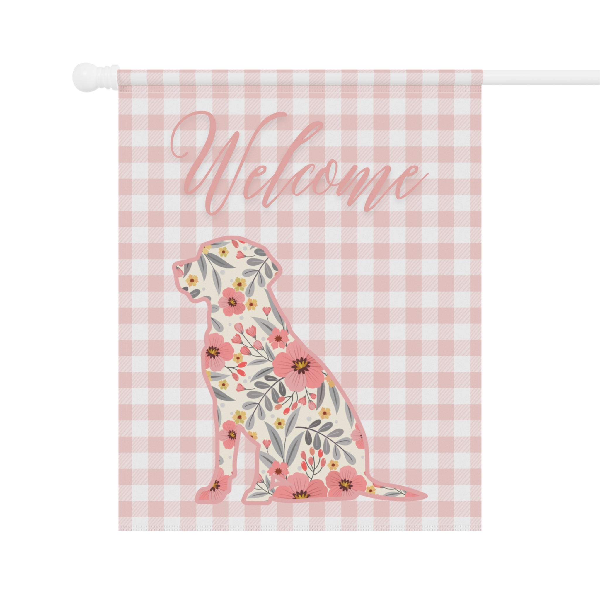 Pink Gingham Labrador Retriever Welcome Garden Banner, Floral Pet Décor, Outdoor Sign, Housewarming Gift