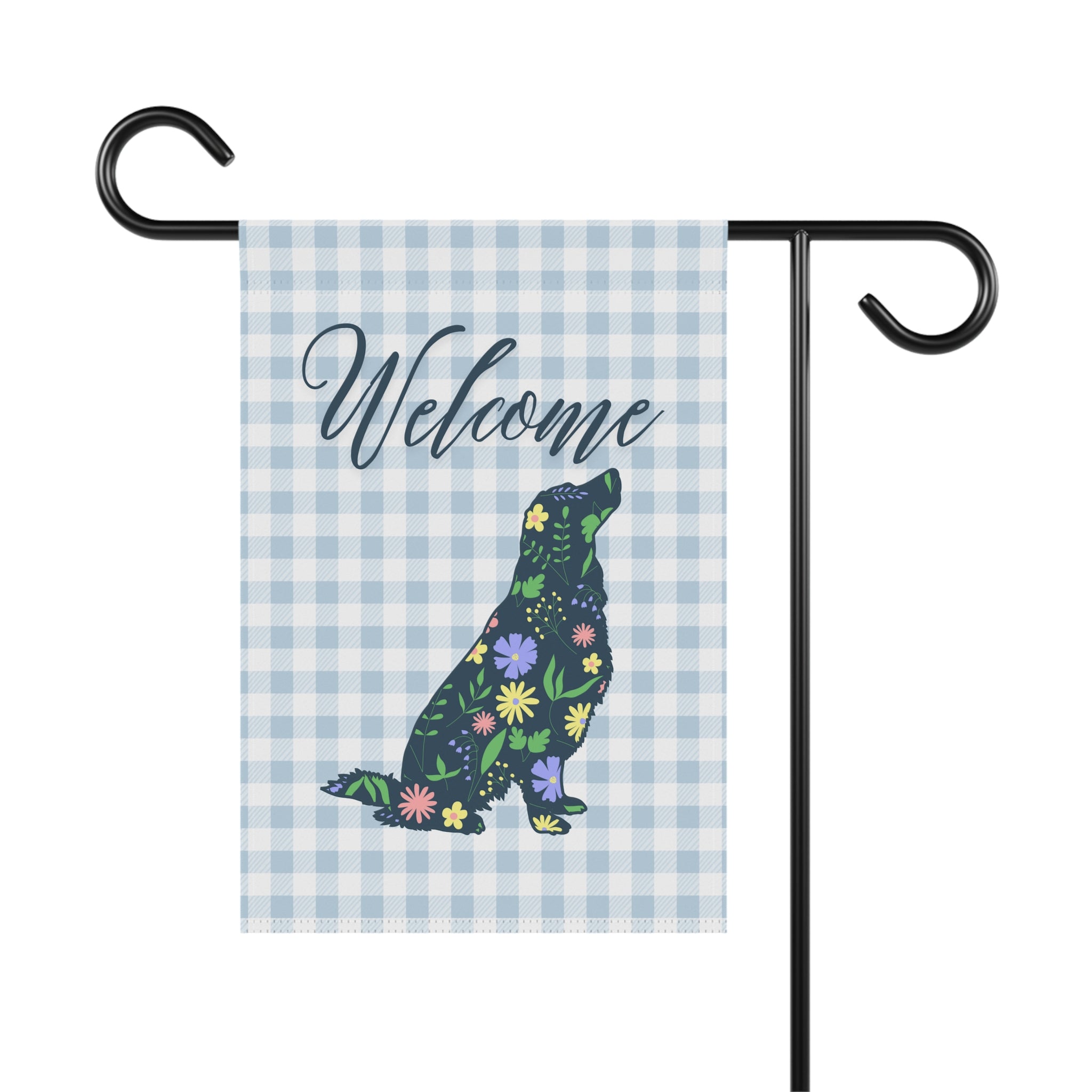 Blue Gingham Golden Retriever Welcome Garden Banner, Floral Pet Décor, Outdoor Sign, Housewarming Gift