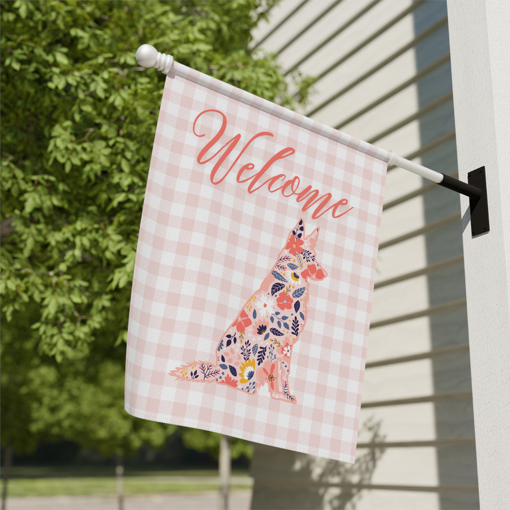 Pink Gingham German Shepherd Welcome Garden Banner, Floral Pet Décor, Outdoor Sign, Housewarming Gift
