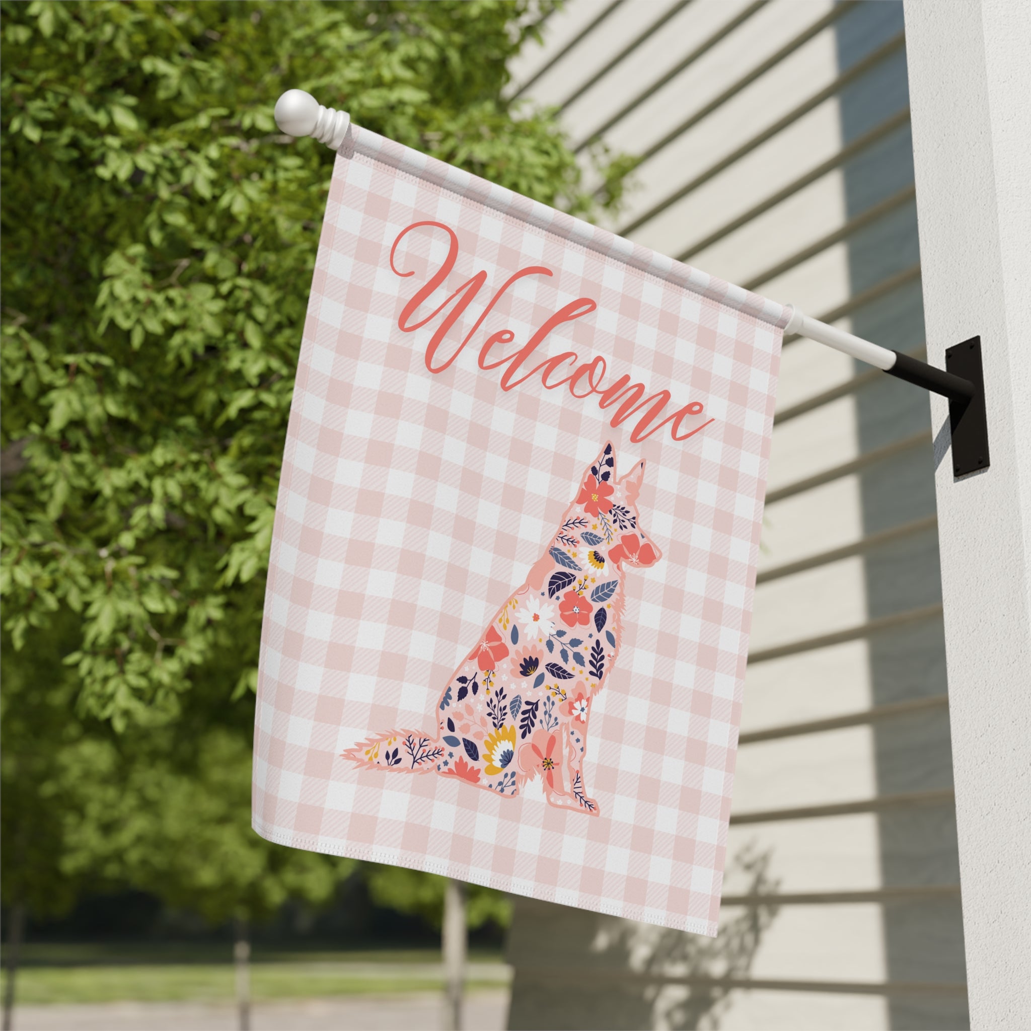 Pink Gingham German Shepherd Welcome Garden Banner, Floral Pet Décor, Outdoor Sign, Housewarming Gift