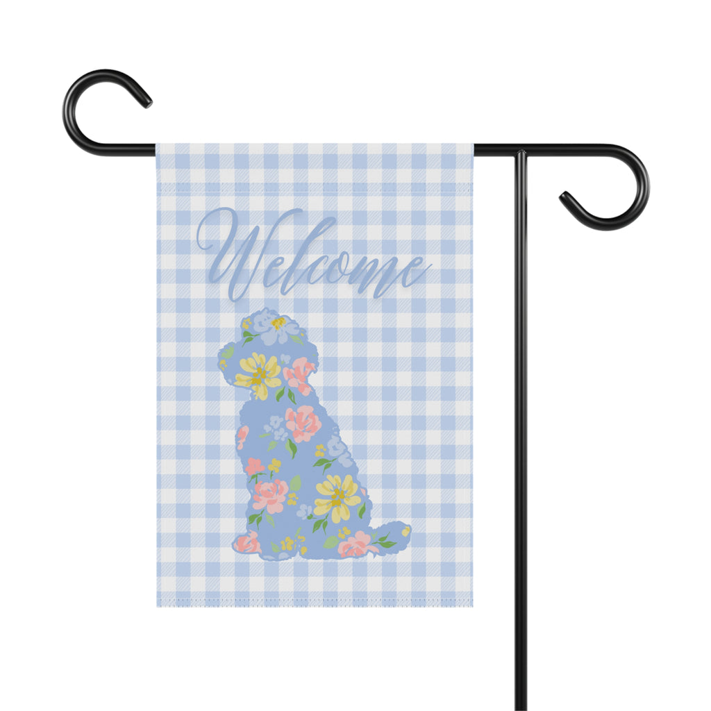 Blue Gingham Labradoodle Welcome Garden Banner, Floral Pet Décor, Outdoor Sign, Housewarming Gift